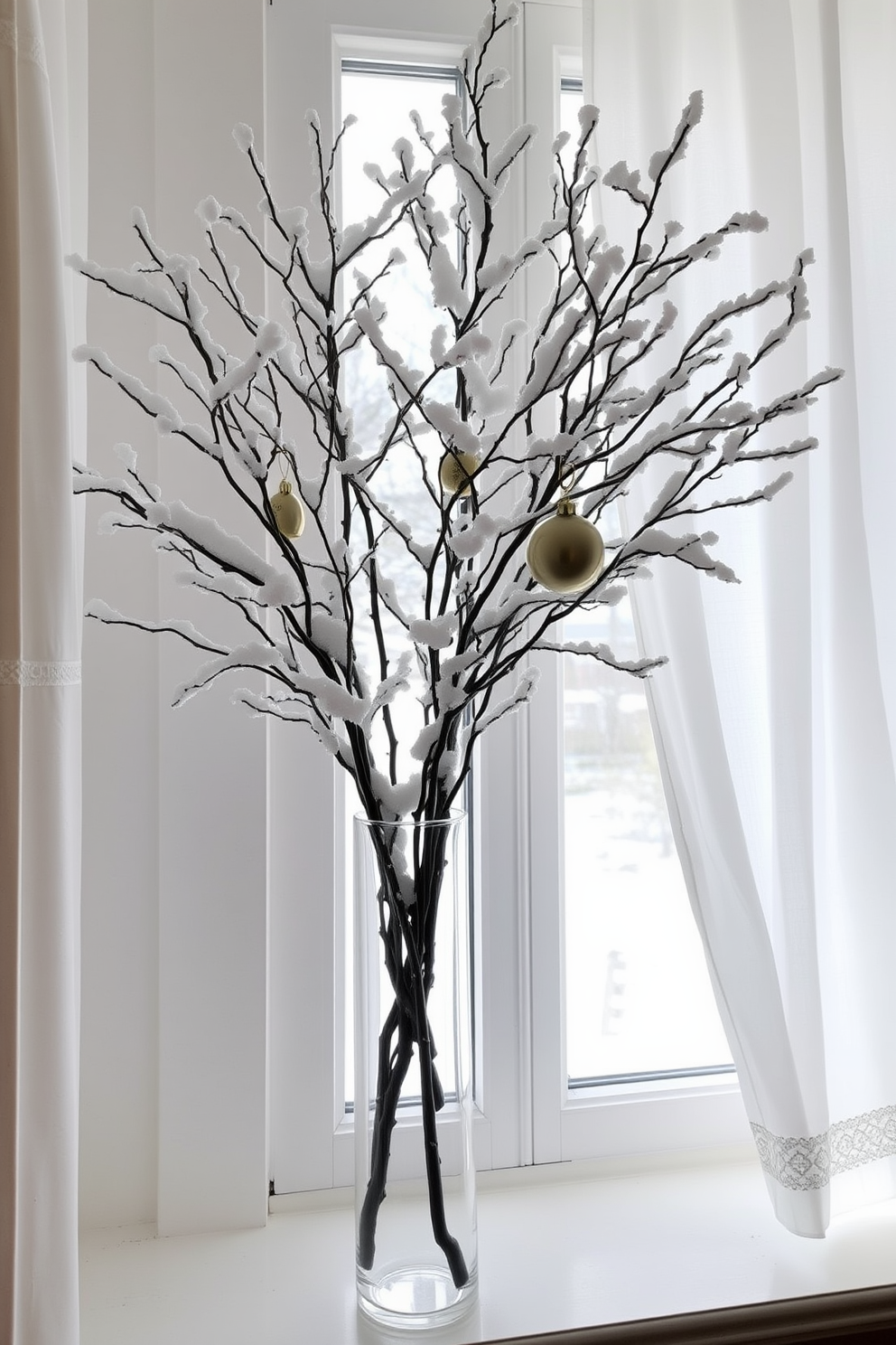 Snowy branches are elegantly arranged in tall glass vases, creating a serene winter atmosphere. The vases are placed on a windowsill, allowing natural light to highlight the delicate snow-covered branches. Soft white curtains frame the window, enhancing the cozy winter vibe. A few decorative ornaments hang from the branches, adding a touch of festive charm to the display.