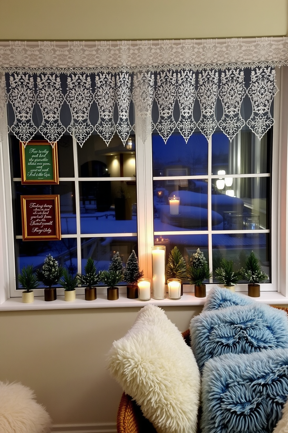 A cozy winter scene featuring a large window adorned with frosty white lace curtains. Decorative frames with seasonal quotes hang on the wall, complementing the serene atmosphere of the room. The window sill is lined with small evergreen plants and candles, creating a warm and inviting feel. Soft, plush cushions in shades of blue and white are arranged on a nearby chair, inviting relaxation and reflection.