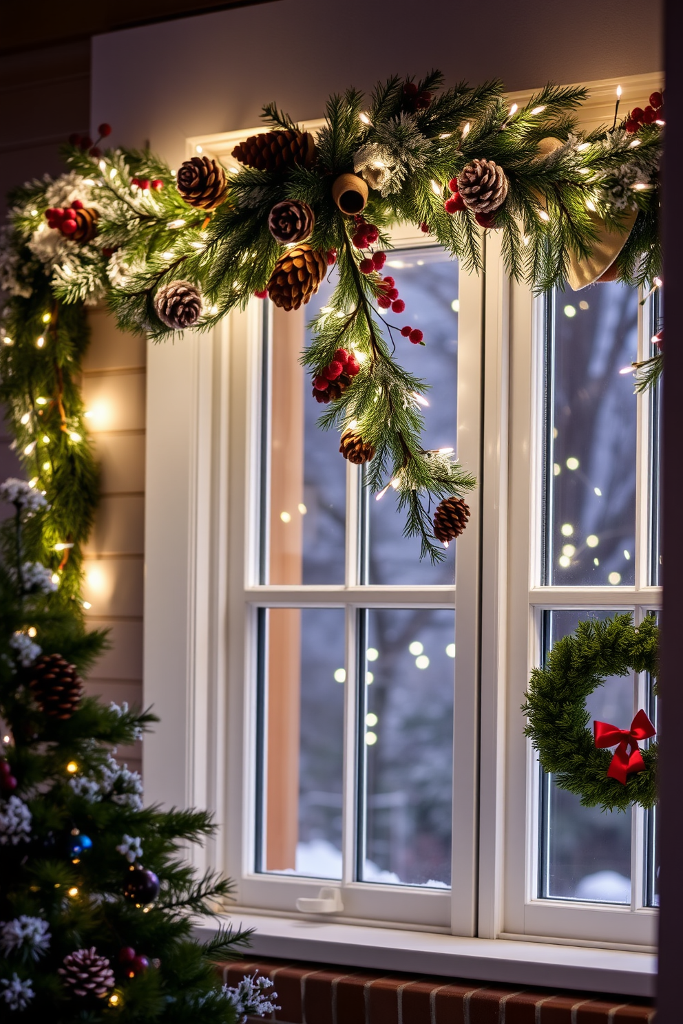 A beautiful winter window display features a pinecone and berry garland draped elegantly across the top of the window frame. The garland is adorned with twinkling fairy lights that create a warm and inviting atmosphere, enhancing the cozy winter vibes.