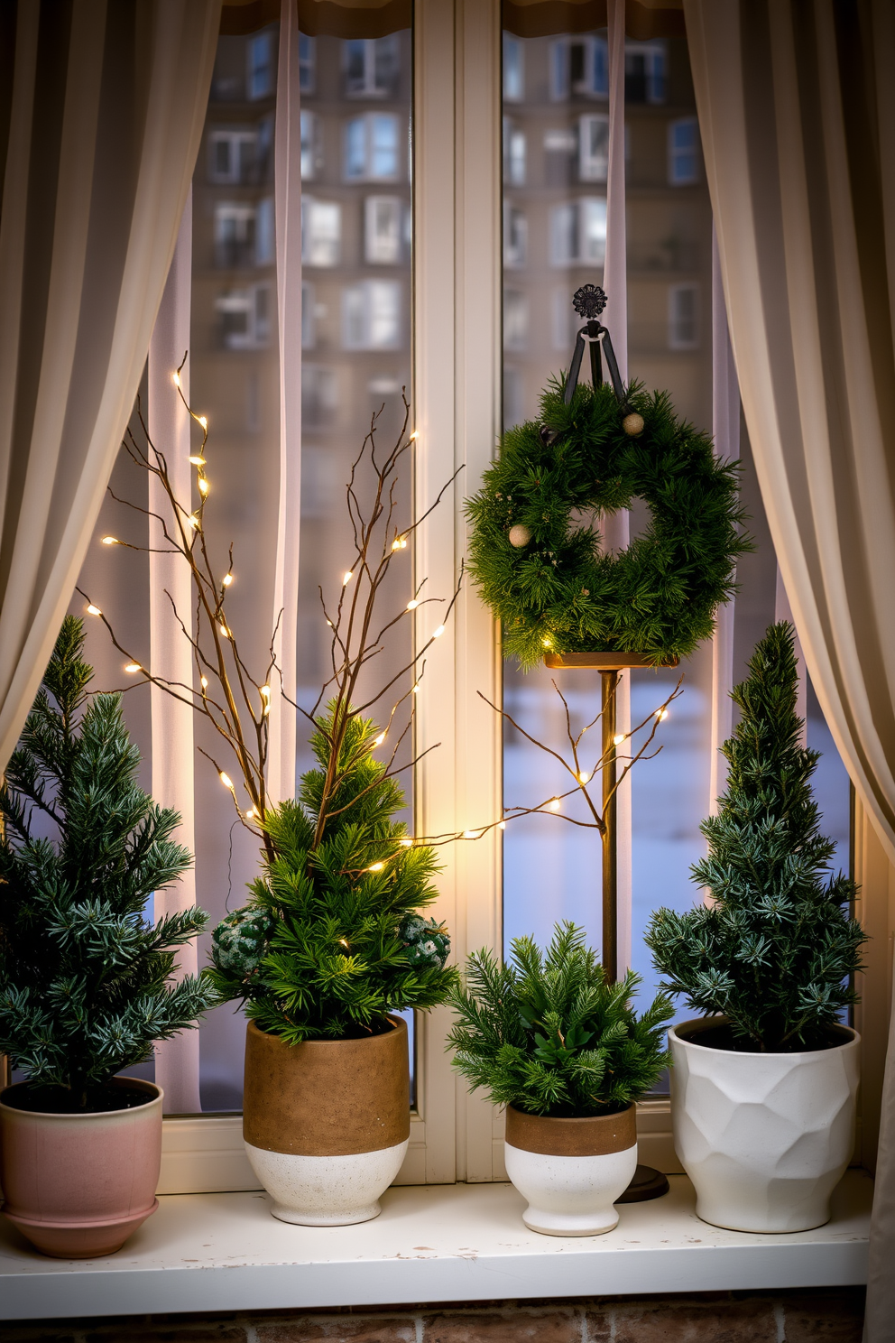 A cozy winter window display adorned with potted evergreens in varying heights. The evergreens are placed in stylish ceramic pots, creating a fresh and inviting atmosphere. Delicate fairy lights are woven through the branches, adding a warm glow to the scene. Soft, sheer curtains frame the window, allowing natural light to filter through while enhancing the festive decor.