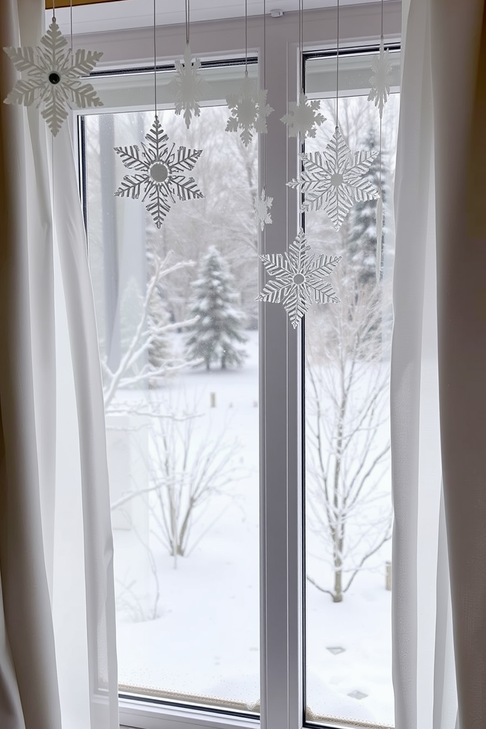 A cozy winter window scene featuring twinkling fairy lights suspended in glass jars. The jars are arranged on a wooden windowsill adorned with evergreen branches and pinecones, creating a warm and inviting atmosphere.