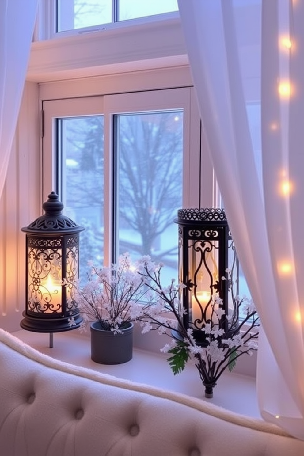 Burlap sacks filled with seasonal decor create a warm and inviting atmosphere. The window is adorned with twinkling fairy lights and natural elements like pinecones and evergreen branches. Soft white curtains frame the window, allowing natural light to filter through. A cozy throw blanket is draped over a nearby chair, enhancing the winter charm of the space.