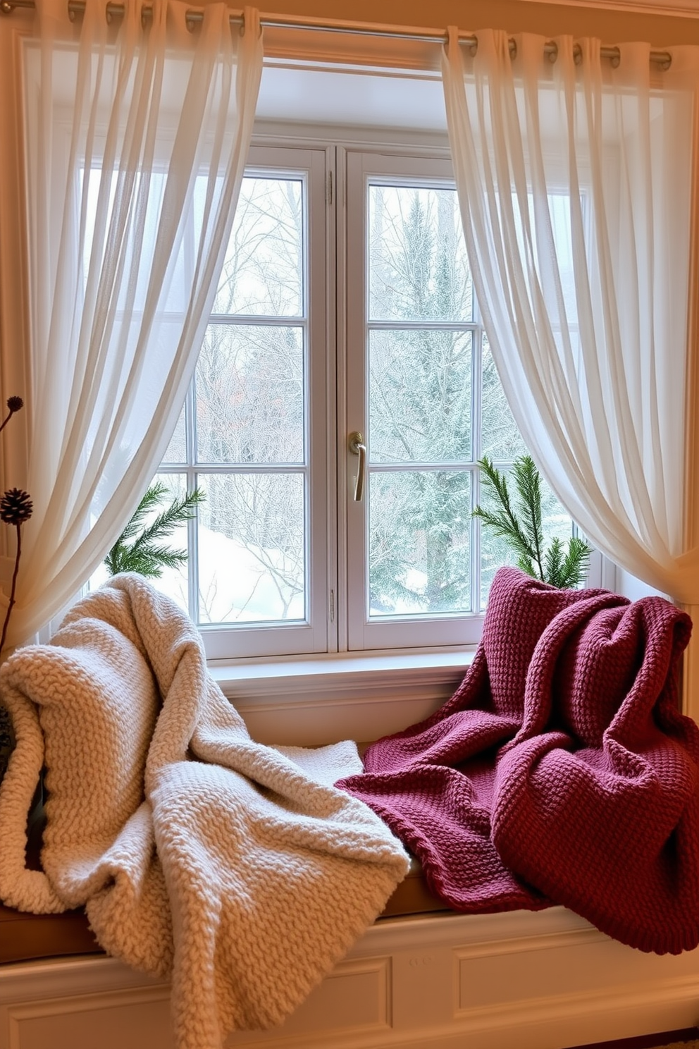 A cozy winter-themed window display featuring fabric wrapped around elegant frames. The fabric showcases a mix of soft whites and icy blues, creating a serene and inviting atmosphere.