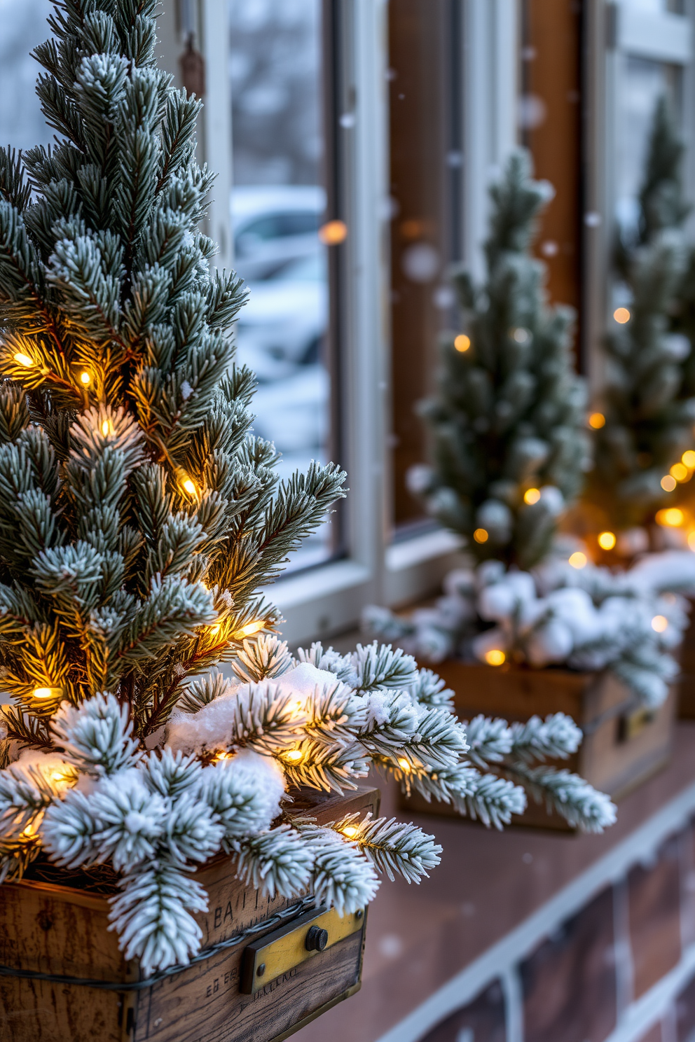 Frosted pine branches are elegantly arranged in rustic window boxes adorned with twinkling fairy lights. The serene winter scene is enhanced by a soft snowfall outside, creating a cozy and inviting atmosphere.