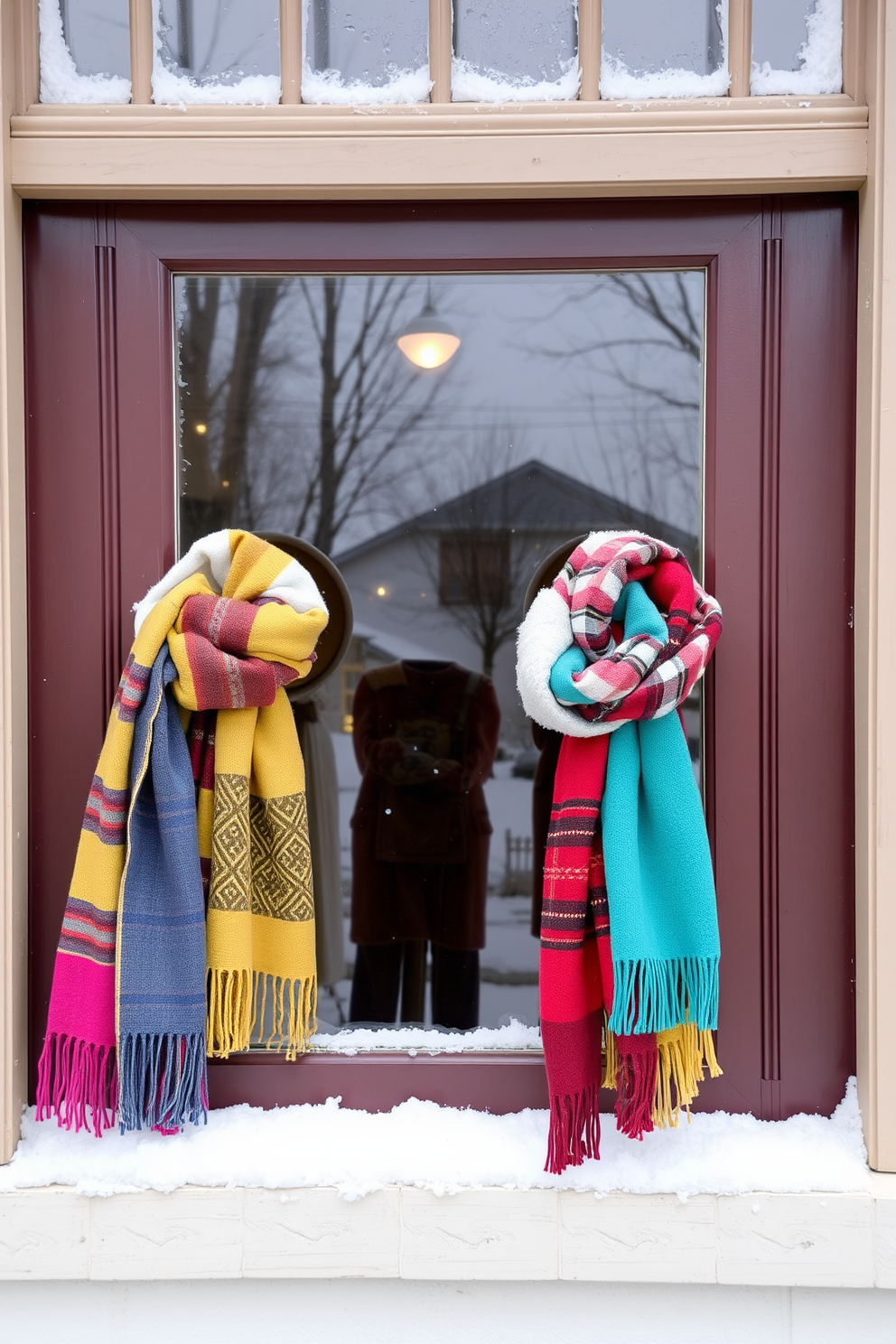 A cozy winter window scene adorned with colorful scarves tied around the handles. The scarves feature a variety of patterns and hues, bringing warmth and vibrancy to the chilly atmosphere.