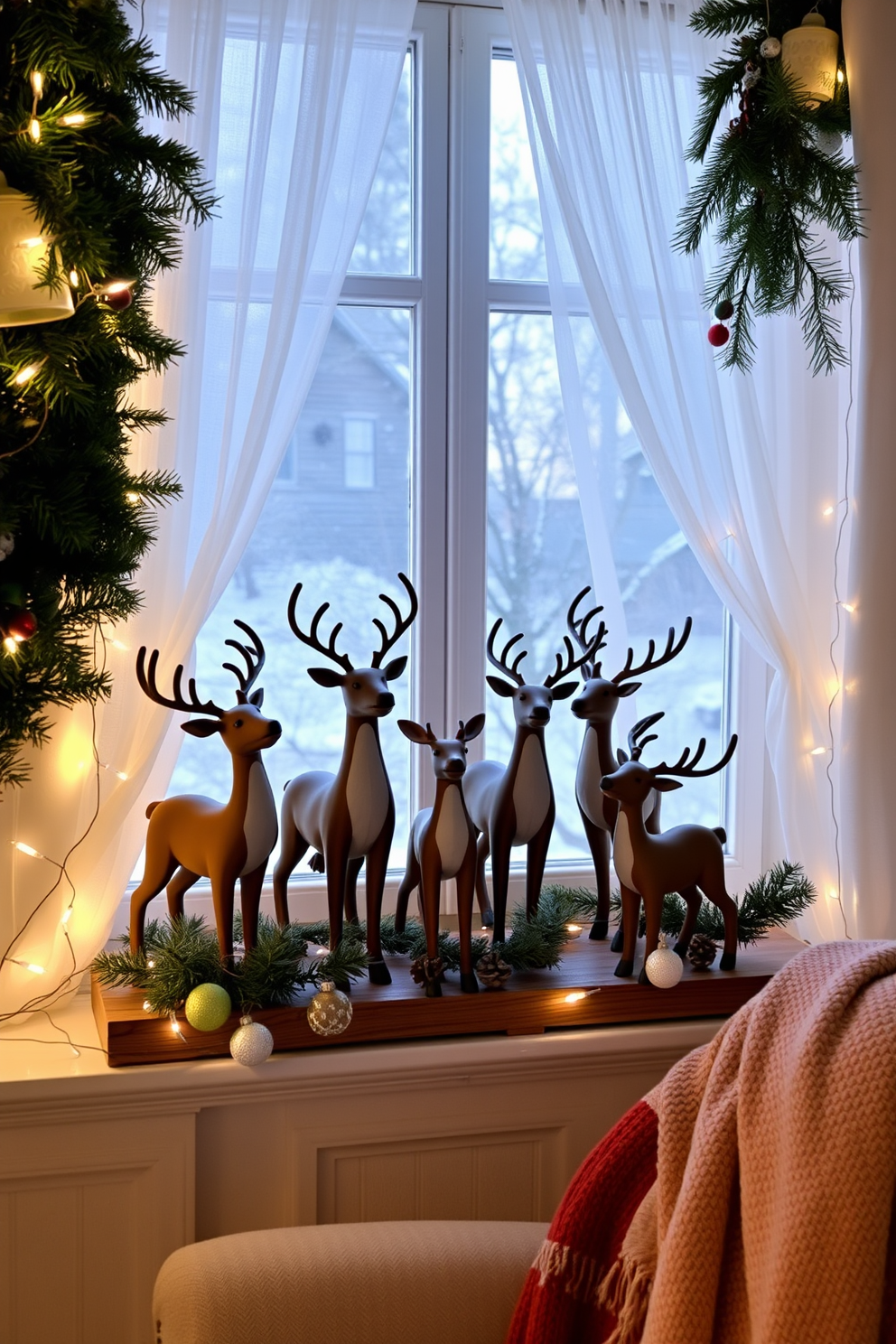 Whimsical reindeer figurines are artfully arranged on a mantelpiece, surrounded by twinkling fairy lights and evergreen garlands. The backdrop features a cozy window adorned with sheer white curtains, allowing soft winter sunlight to filter through. On the window sill, a collection of frosted pinecones and small glass ornaments complement the reindeer display, creating a festive atmosphere. The overall scene is accented by a warm throw blanket draped over a nearby chair, inviting a sense of holiday cheer.