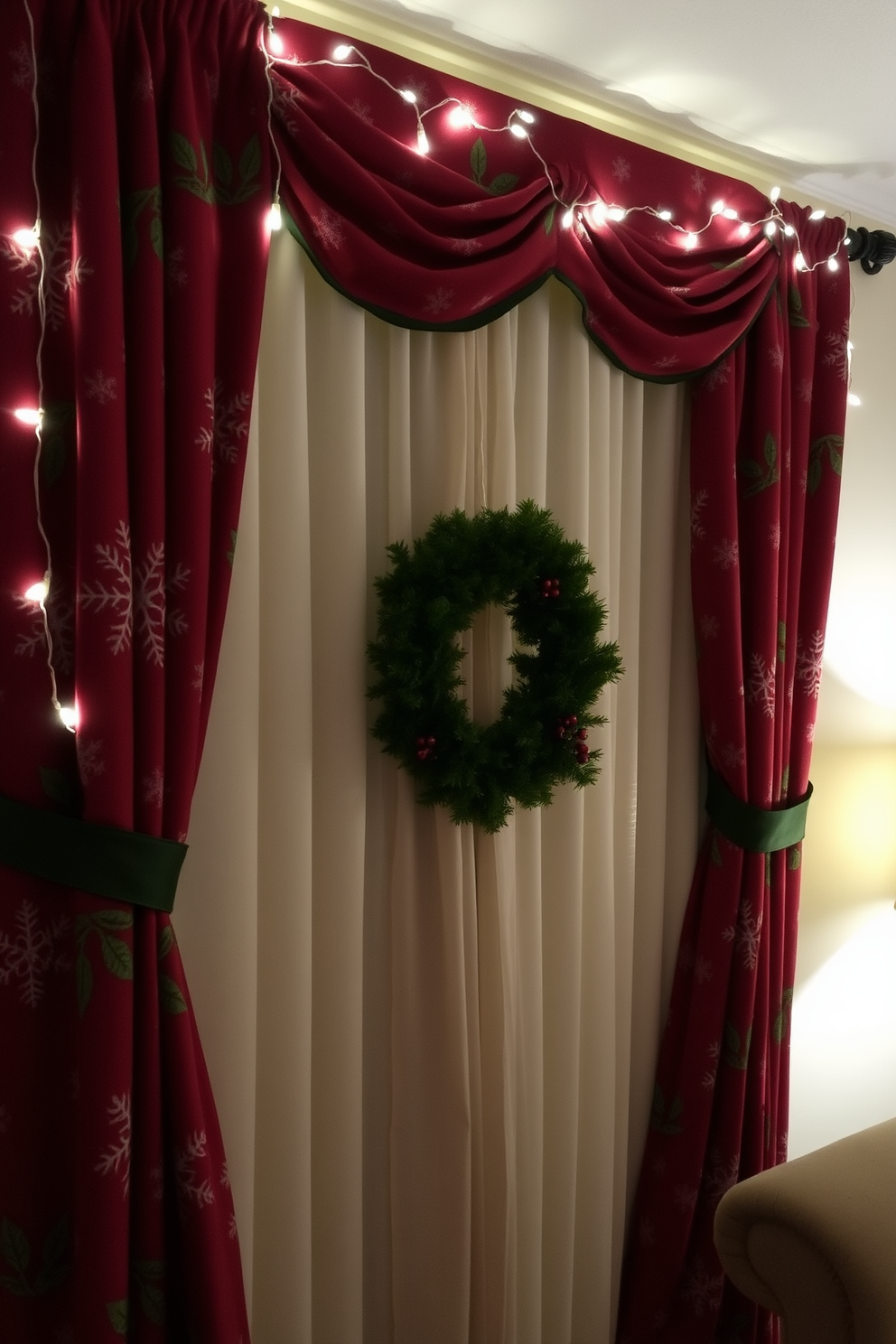 Holiday themed fabric drapes in rich red and deep green hues frame a large window, creating a cozy atmosphere. The fabric features intricate patterns of snowflakes and holly, adding a festive touch to the room. Soft white fairy lights are strung along the top of the drapes, casting a warm glow throughout the space. A small evergreen wreath hangs in the center of the window, completing the winter wonderland aesthetic.