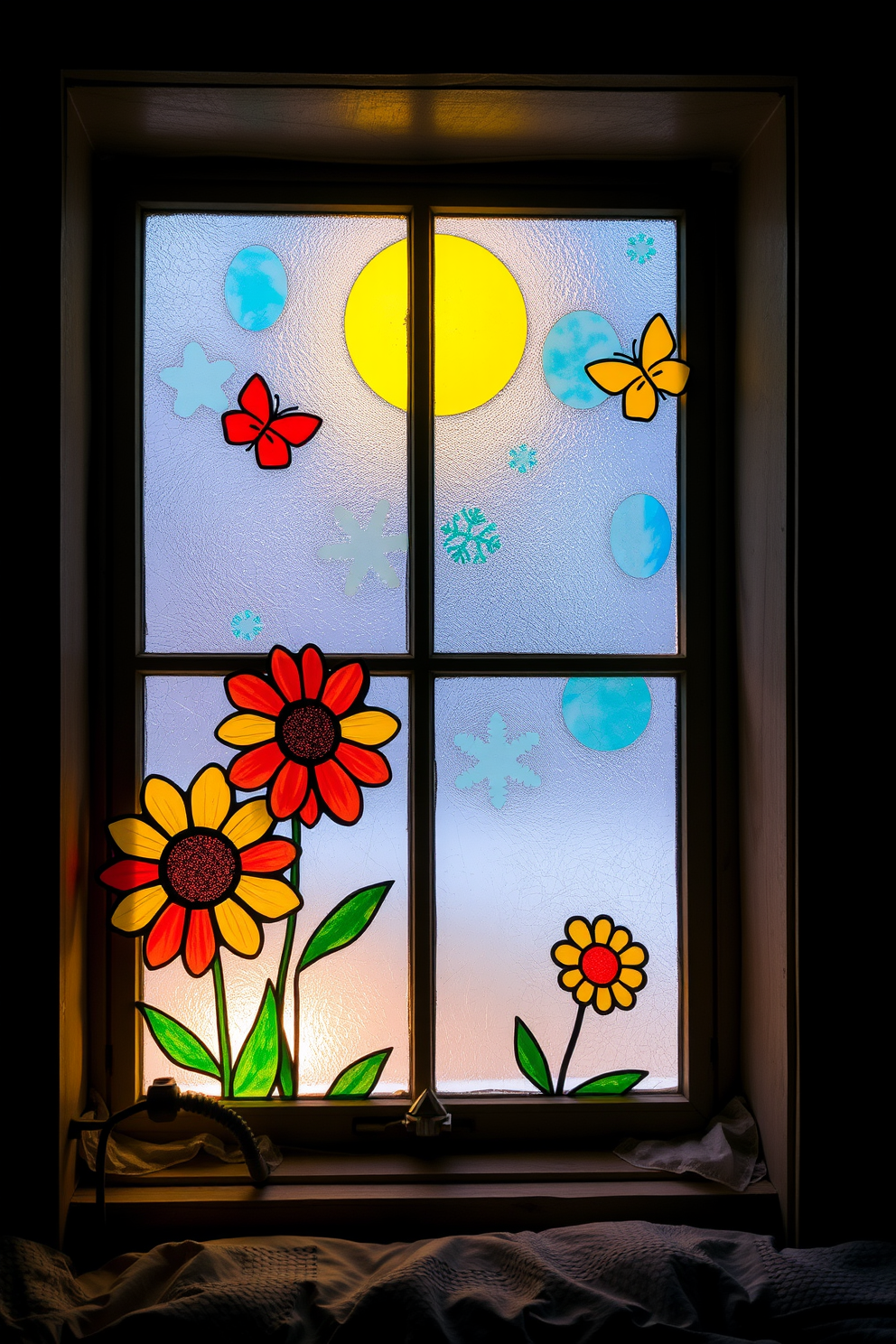 Artistic window painting featuring vibrant colors and whimsical designs that bring cheerful vibes to any space. The scene includes playful motifs like sunflowers and butterflies to create an uplifting atmosphere. Winter window decorating ideas showcasing frosted glass effects and delicate snowflake patterns. The design incorporates soft, warm lighting to enhance the cozy feel of the winter season.