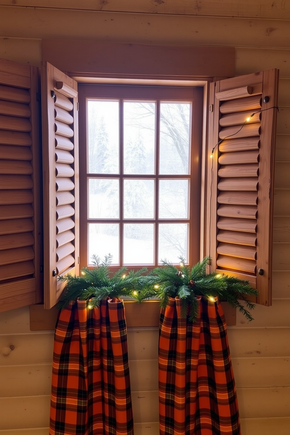 Rustic wooden shutters frame a cozy cabin window, adding warmth and charm to the space. Soft white snow blankets the ground outside, creating a picturesque winter scene that invites the beauty of the season indoors. The window is adorned with evergreen garlands and twinkling fairy lights, enhancing the festive atmosphere. A pair of plaid curtains in warm tones complements the rustic shutters, creating a welcoming and inviting ambiance.