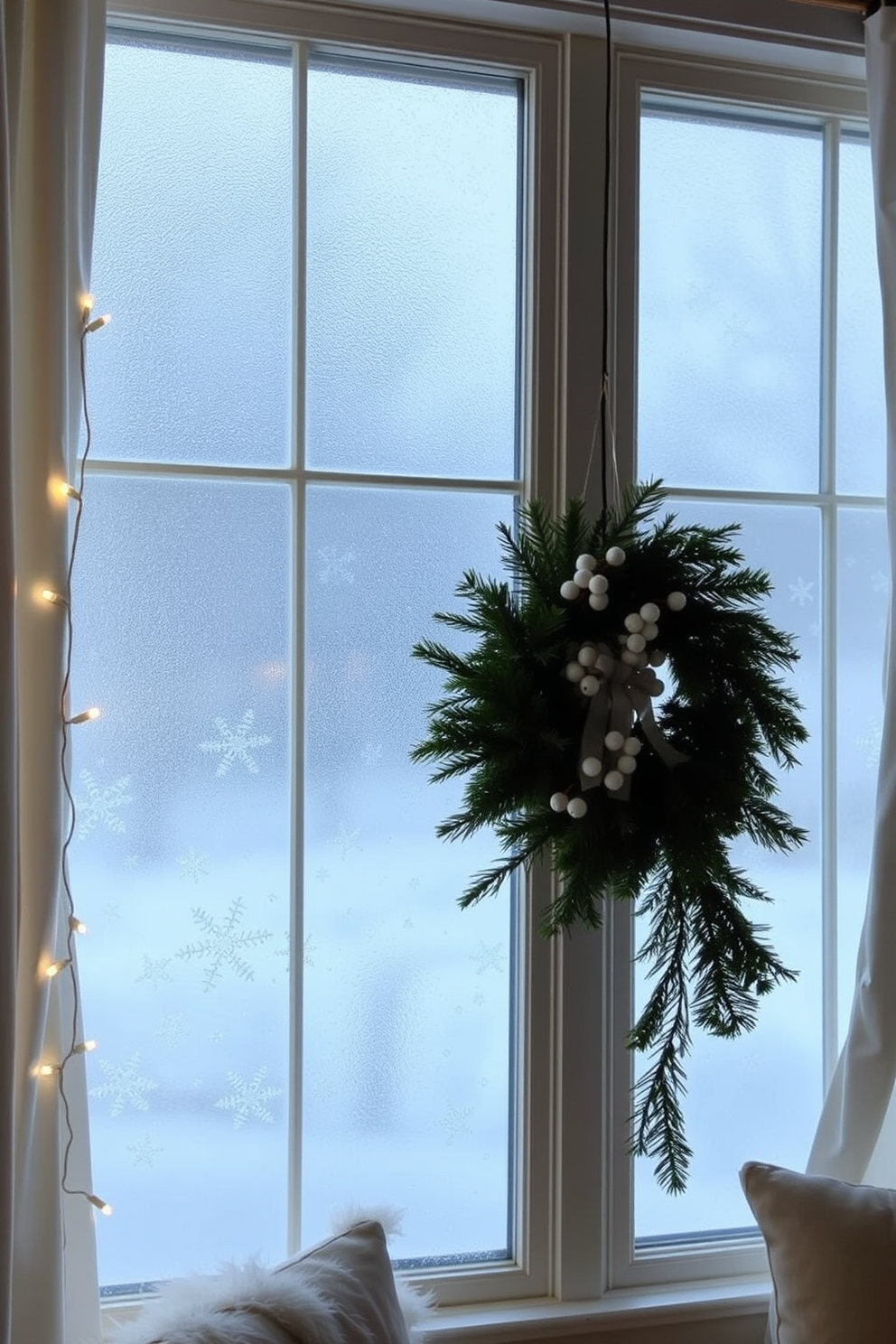 A serene winter wonderland scene is created with frosted glass spray applied to large windows. The soft, icy patterns mimic delicate snowflakes, enhancing the cozy atmosphere of the room. Decorative elements include twinkling fairy lights draped around the window frames and a lush evergreen wreath adorned with white berries. Plush white curtains frame the windows, adding warmth and elegance to the winter decor.