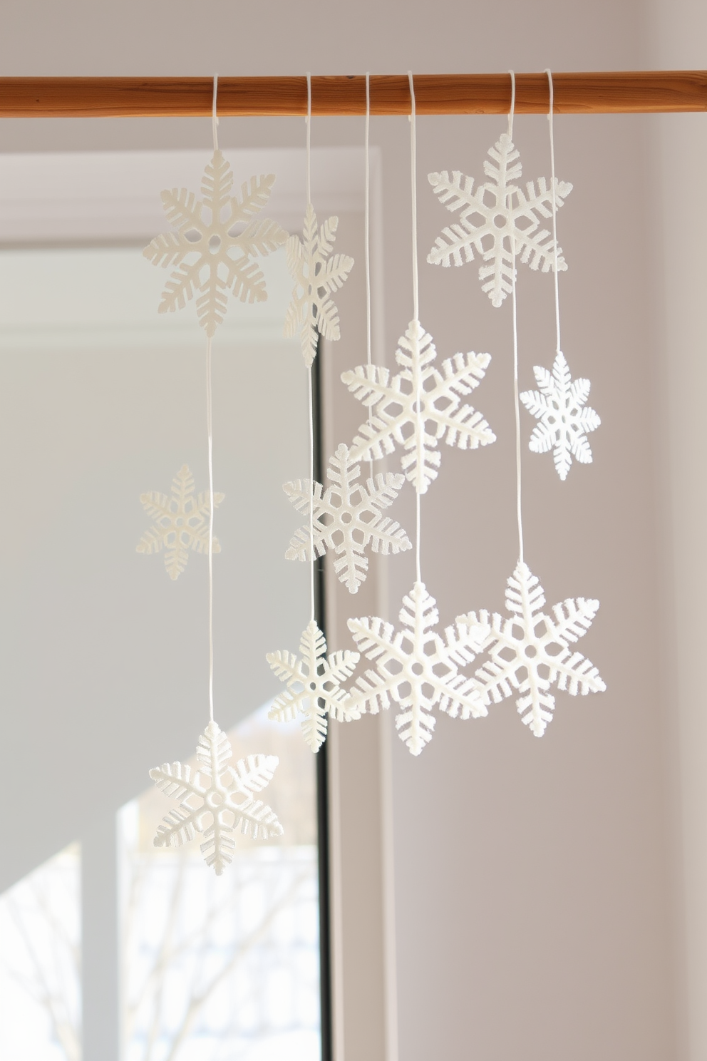 Hanging delicate felt snowflakes create a soft and inviting texture that enhances the winter ambiance. The snowflakes are arranged in varying lengths, cascading gently from a wooden rod above the window, allowing natural light to filter through.