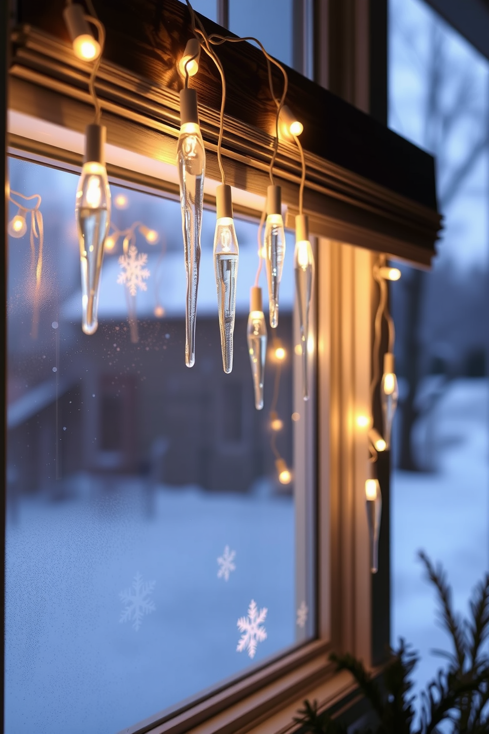 A cozy winter window display featuring a beautifully crafted seasonal wreath made of fresh pine branches and vibrant red berries. The wreath is hung on a frosted window, complemented by soft white fairy lights that twinkle gently in the evening light.