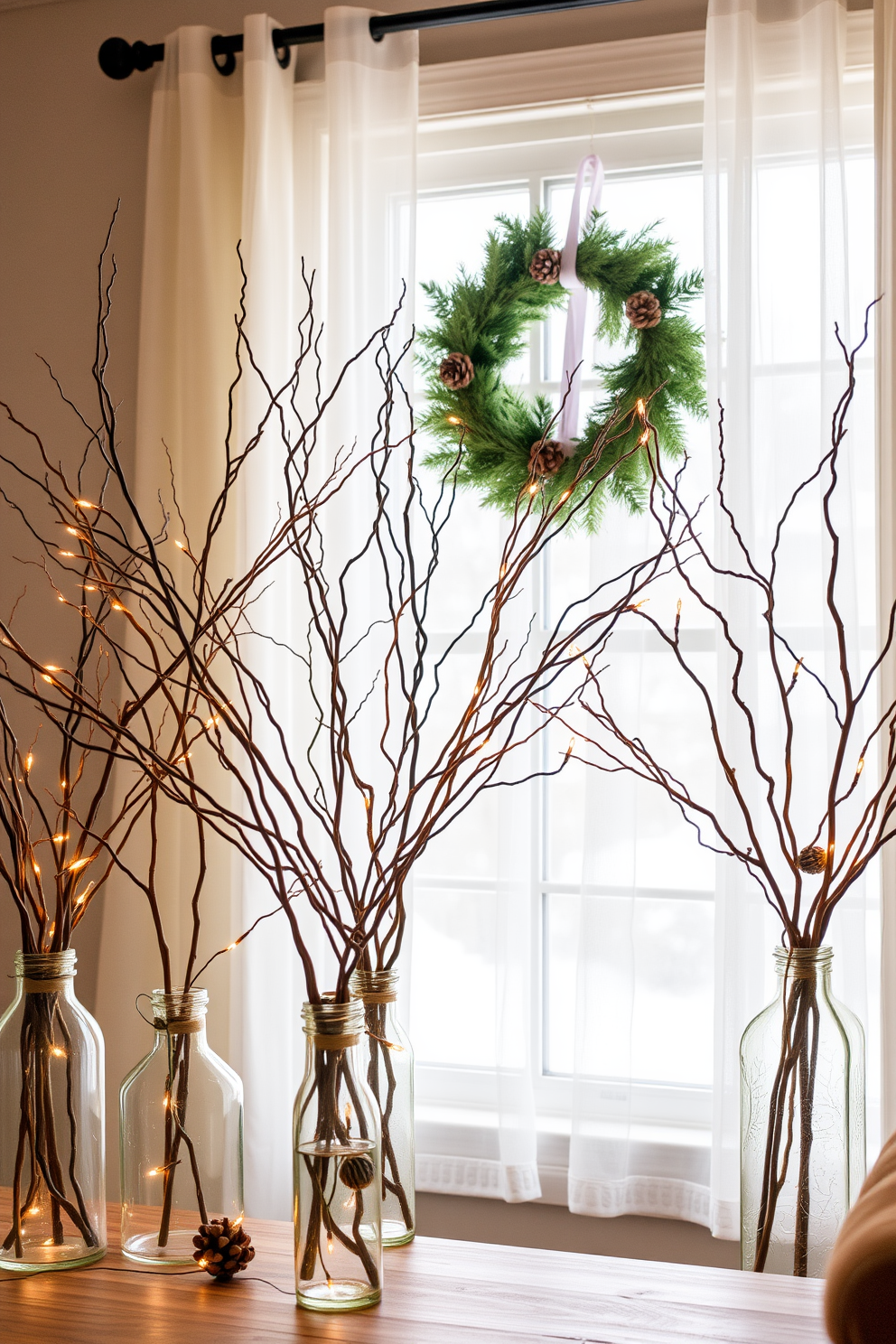 A cozy winter living room features natural branches elegantly arranged in rustic vases. The branches are adorned with twinkling fairy lights, creating a warm and inviting atmosphere. The window is dressed with sheer white curtains that gently filter the winter sunlight. A festive wreath made of evergreen and pine cones hangs on the window, adding a touch of seasonal charm.