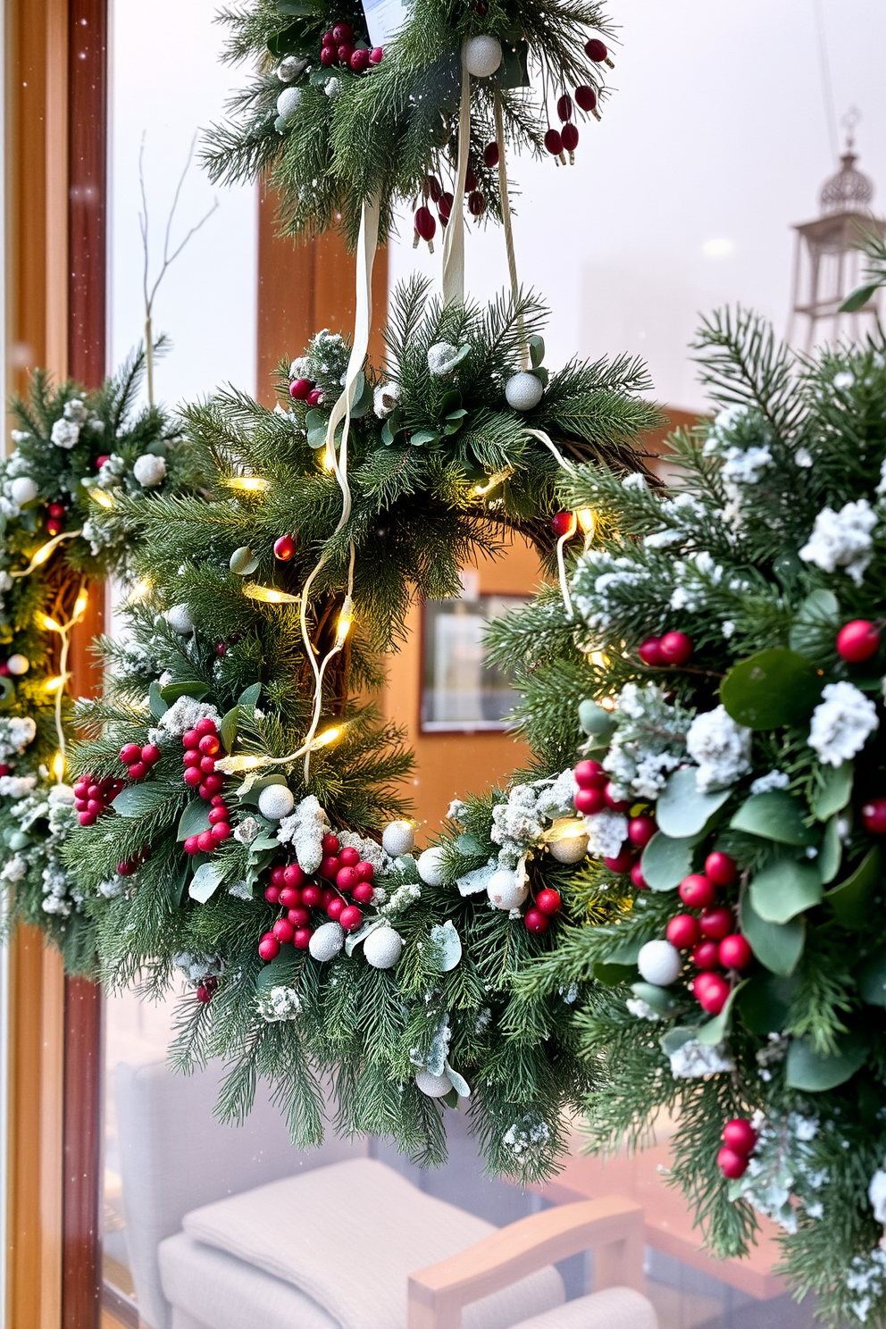 A cozy winter window display featuring wreaths adorned with winter greenery. The wreaths are lush with pine branches, eucalyptus, and frosted berries, creating a festive and inviting atmosphere. Delicate string lights are woven through the greenery, adding a warm glow to the scene. Snowflakes gently fall outside the window, enhancing the serene winter ambiance.