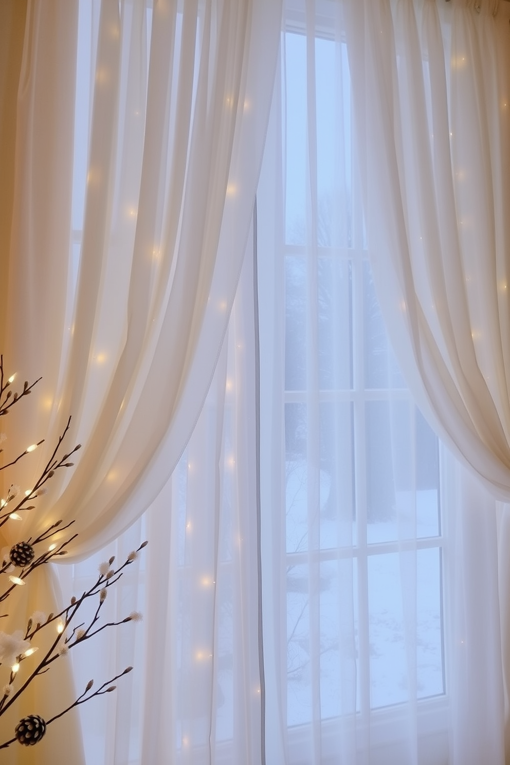 Layered sheer curtains drape elegantly across a large window, creating a soft and inviting atmosphere. The curtains are complemented by delicate winter-themed decorations, including frosted pinecones and twinkling fairy lights that add warmth to the chilly season.