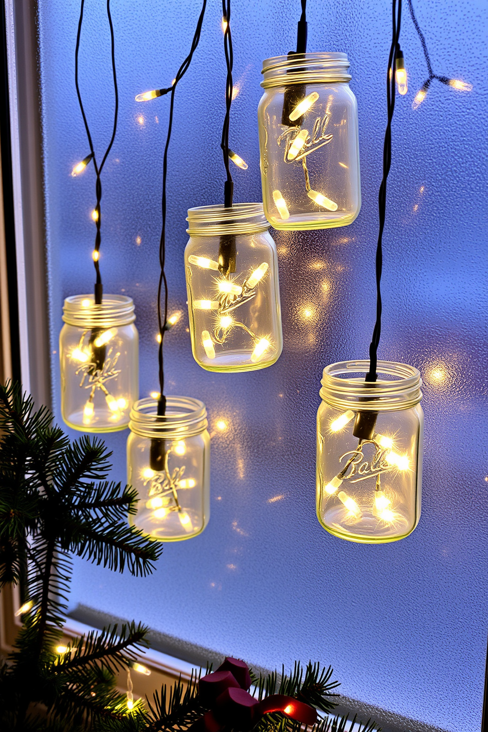 A cozy winter window scene adorned with warm fairy lights nestled in mason jars. The jars are hung at varying heights, casting a soft glow against the frosted glass, while evergreen branches are artfully arranged around them to enhance the festive atmosphere.