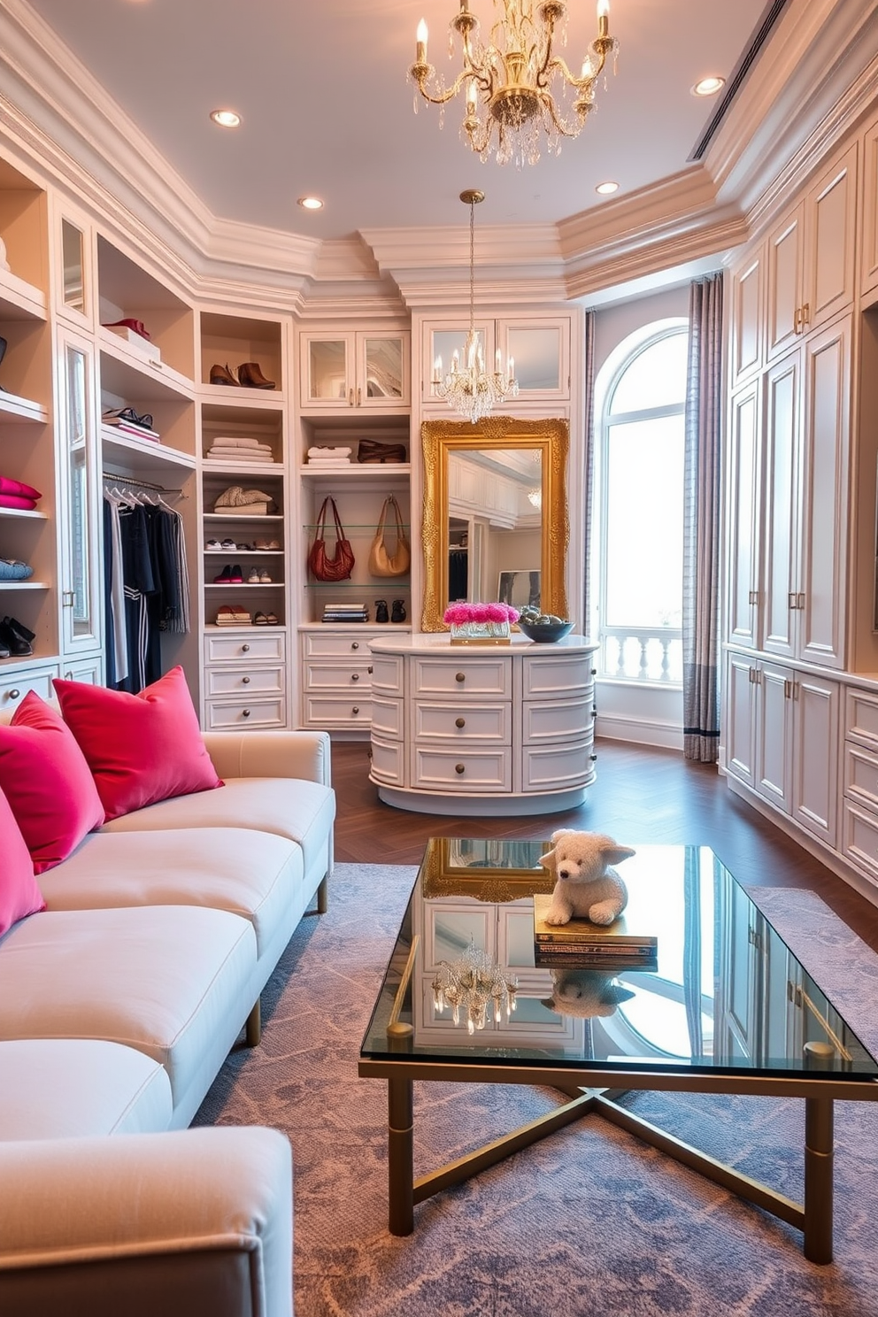 A luxurious women's walk-in closet features spinning shoe racks that allow for easy access to an extensive shoe collection. The space is designed with elegant shelving, soft lighting, and a plush seating area to create a stylish and functional environment.