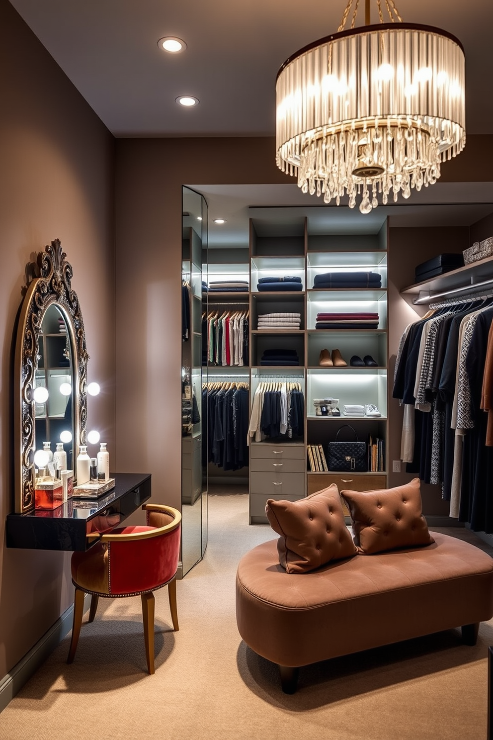 A luxurious women's walk-in closet featuring elegant drawer dividers for organized jewelry storage. The closet is designed with soft ambient lighting and plush carpeting to create a warm and inviting atmosphere. The drawer dividers are crafted from high-quality wood, providing a sophisticated look while keeping jewelry neatly arranged. Shelves lined with designer handbags and a full-length mirror complete the chic and functional design.