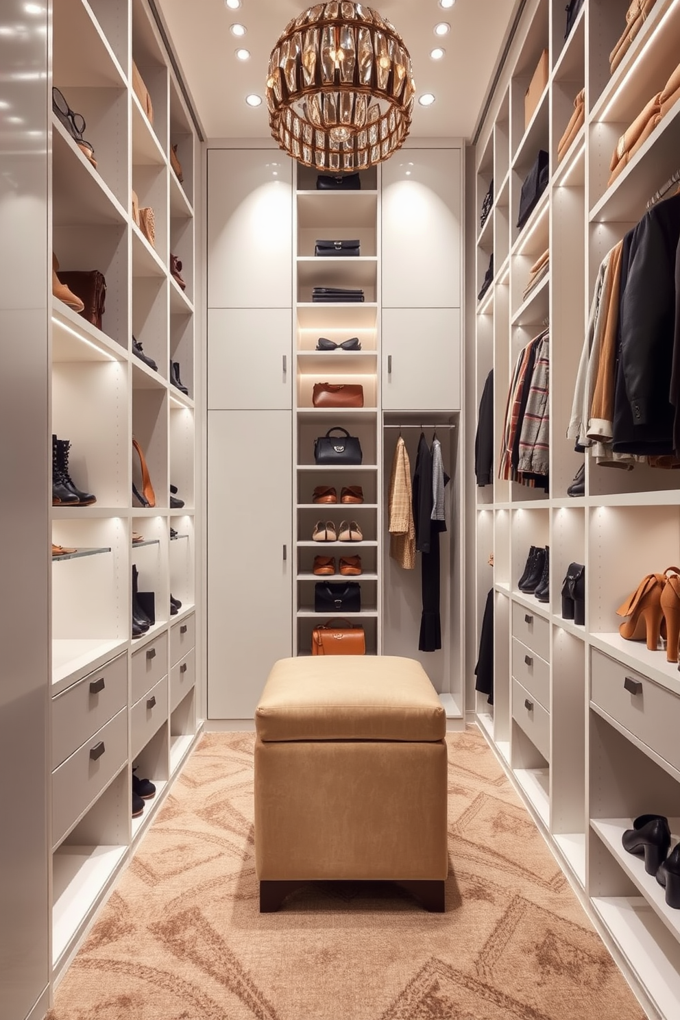 A luxurious women's walk-in closet featuring vertical storage solutions to maximize space. Shelving units extend from floor to ceiling, providing ample room for shoes, bags, and accessories, while a central island offers additional storage and a soft seating area.