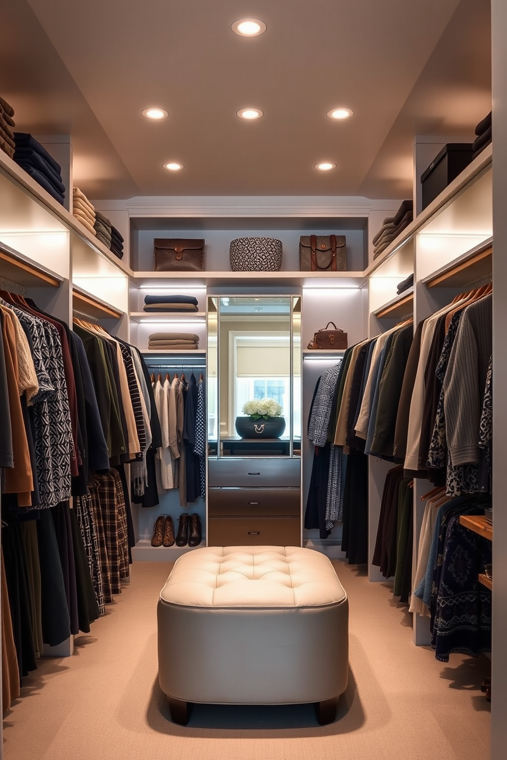 A dedicated space for seasonal clothing features an elegant walk-in closet with custom shelving and hanging rods. Soft ambient lighting highlights the organized racks filled with stylish clothing, while a plush ottoman sits in the center for comfort. The walls are adorned with a soft neutral color, creating a calming atmosphere. A full-length mirror reflects the beautifully arranged accessories displayed on the shelves, enhancing the overall sophistication of the design.