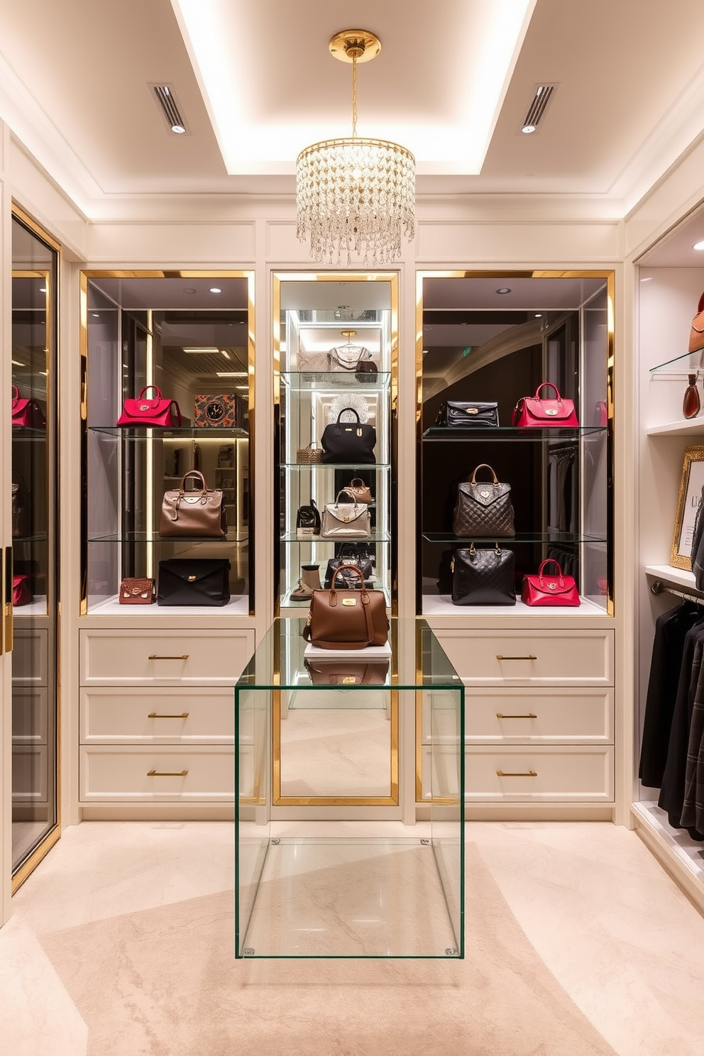 A luxurious women's walk-in closet featuring elegant glass display cases for handbags. The space is adorned with soft lighting that highlights the curated collection of designer bags while providing a stylish and organized atmosphere.