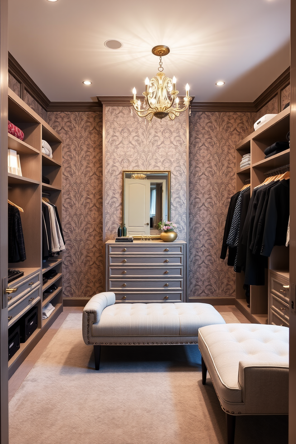 A luxurious women's walk-in closet featuring elegant wallpaper as a chic backdrop. The space is adorned with custom shelving, plush seating, and ambient lighting that enhances the sophisticated atmosphere.