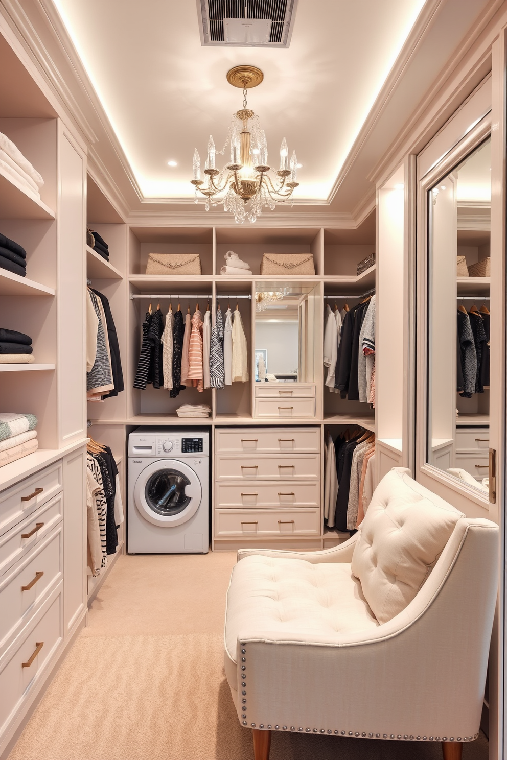 A spacious women's walk-in closet featuring an integrated laundry hamper for convenience. The design includes custom shelving, elegant lighting, and a plush seating area with a large mirror reflecting the stylish organization. The closet is adorned with soft pastel colors and luxurious fabrics, creating a serene atmosphere. Ample storage solutions are seamlessly integrated, providing both functionality and aesthetic appeal.