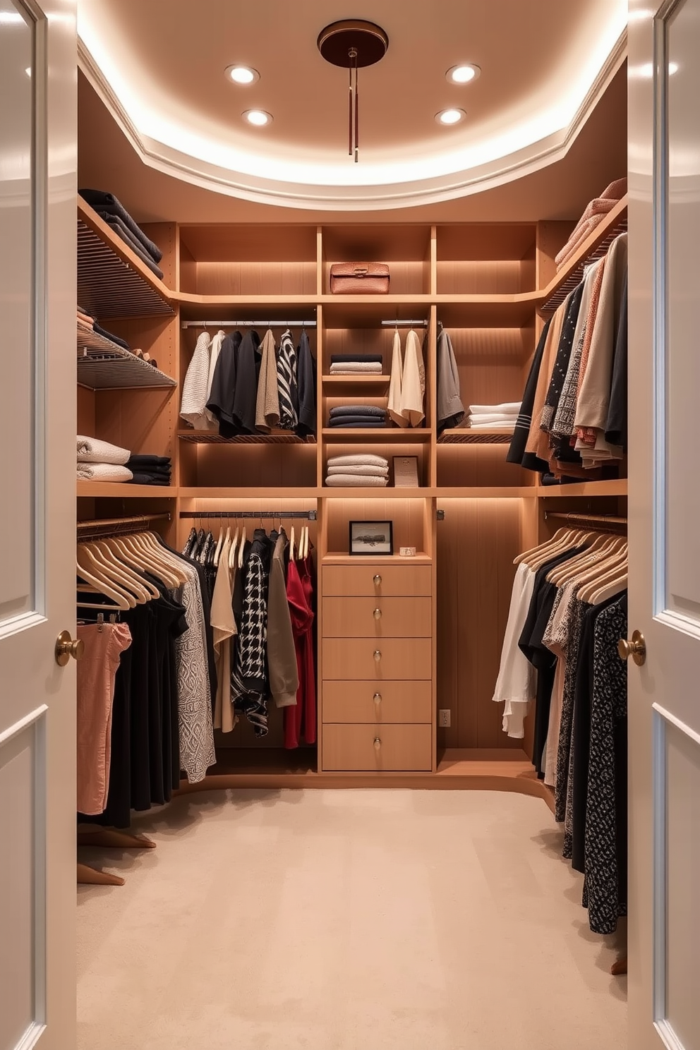 A luxurious women's walk-in closet featuring multi-tiered hanging rods for versatile storage options. The space is illuminated with soft lighting, highlighting the elegant shelving and plush carpet underfoot.