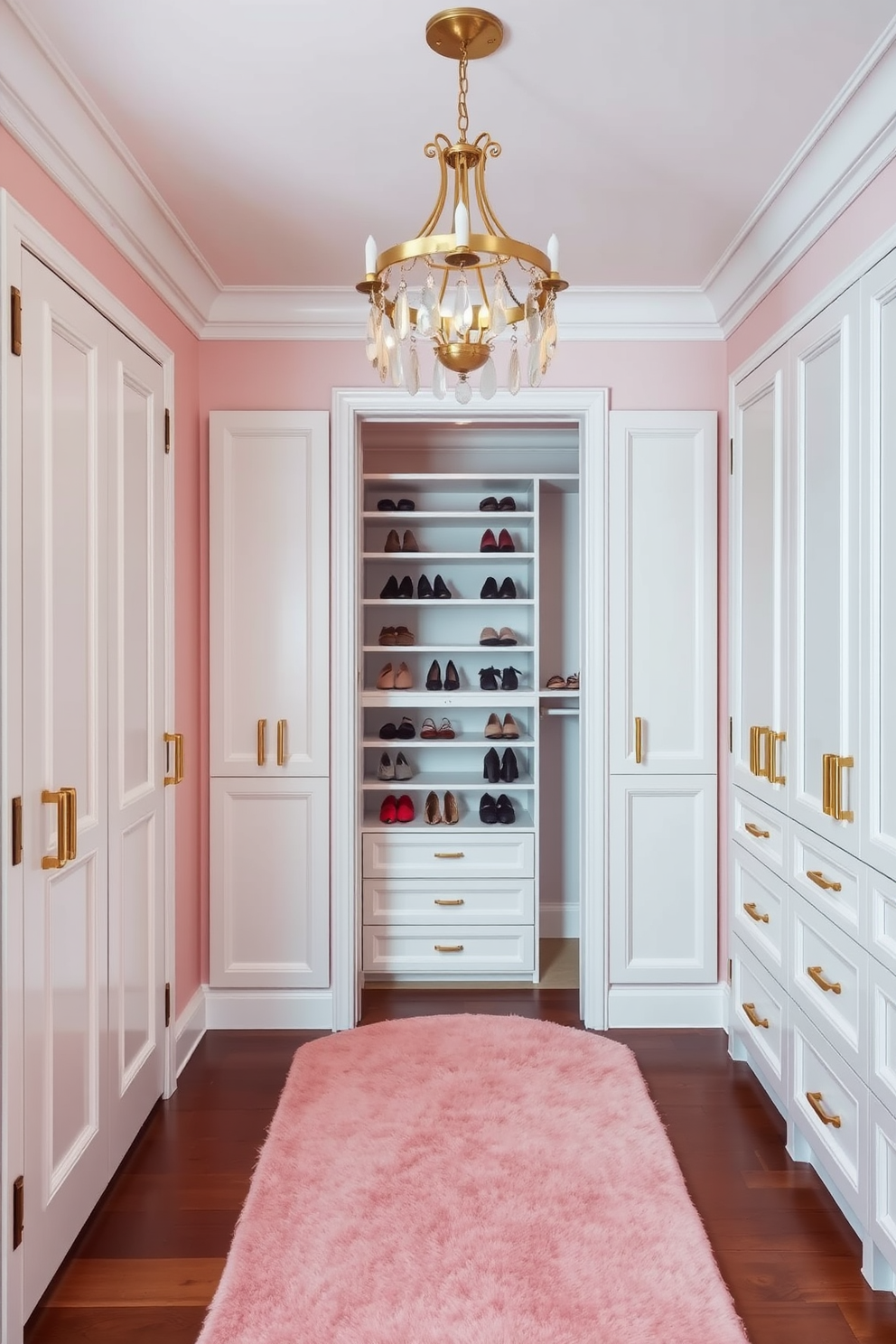 A personalized color palette featuring soft pastels and rich jewel tones creates a cohesive and inviting atmosphere. The walls are painted in a light blush hue, complemented by elegant white cabinetry and gold hardware. The walk-in closet is spacious, with built-in shelving for shoes and accessories. A plush area rug in a coordinating color adds warmth underfoot, while a stylish chandelier provides ambient lighting.