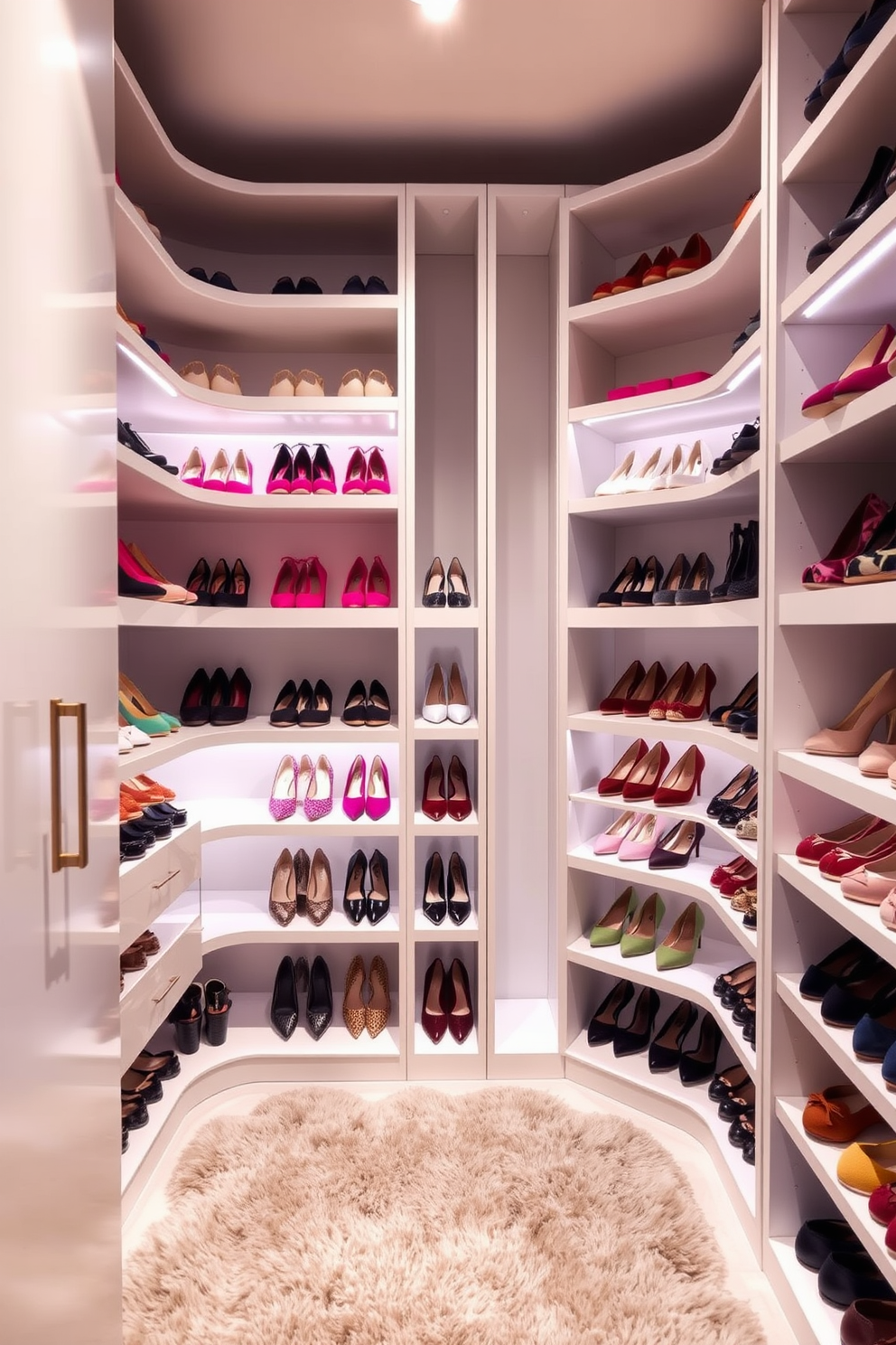 A stylish women's walk-in closet featuring color-coordinated shoe display shelves. The shelves are crafted from sleek white wood and showcase an array of shoes organized by color, creating a visually appealing gradient effect. Soft ambient lighting illuminates the space, highlighting the elegant design. A plush area rug in a neutral tone adds warmth and comfort to the room.