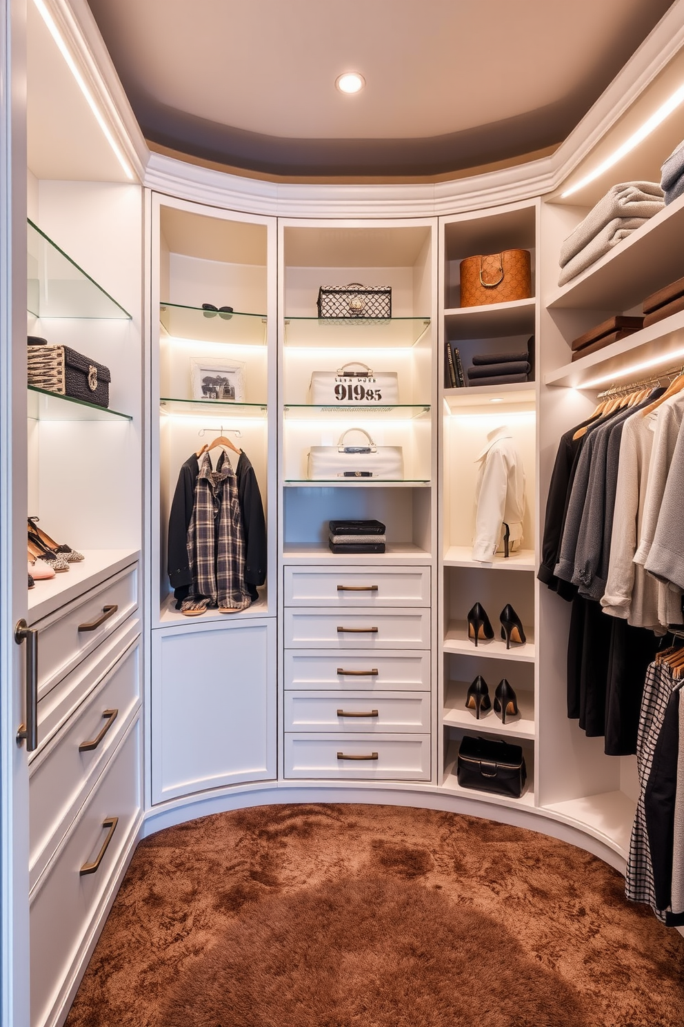 A luxurious women's walk-in closet featuring decorative baskets for stylish storage. The space is illuminated by soft lighting, with shelves lined with neatly organized baskets in various textures and colors.