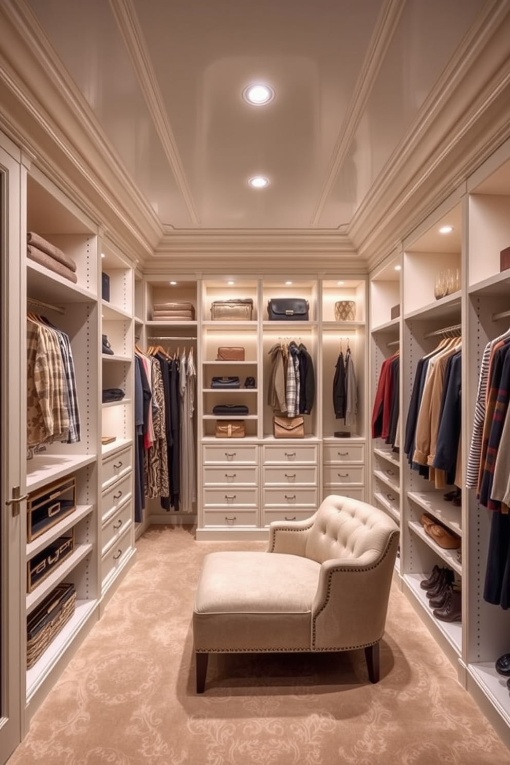 A luxurious women's walk-in closet featuring elegant crown molding that adds an upscale finish to the space. The closet is spacious with custom shelving, soft lighting, and a plush seating area, creating an inviting atmosphere for organizing clothing and accessories.