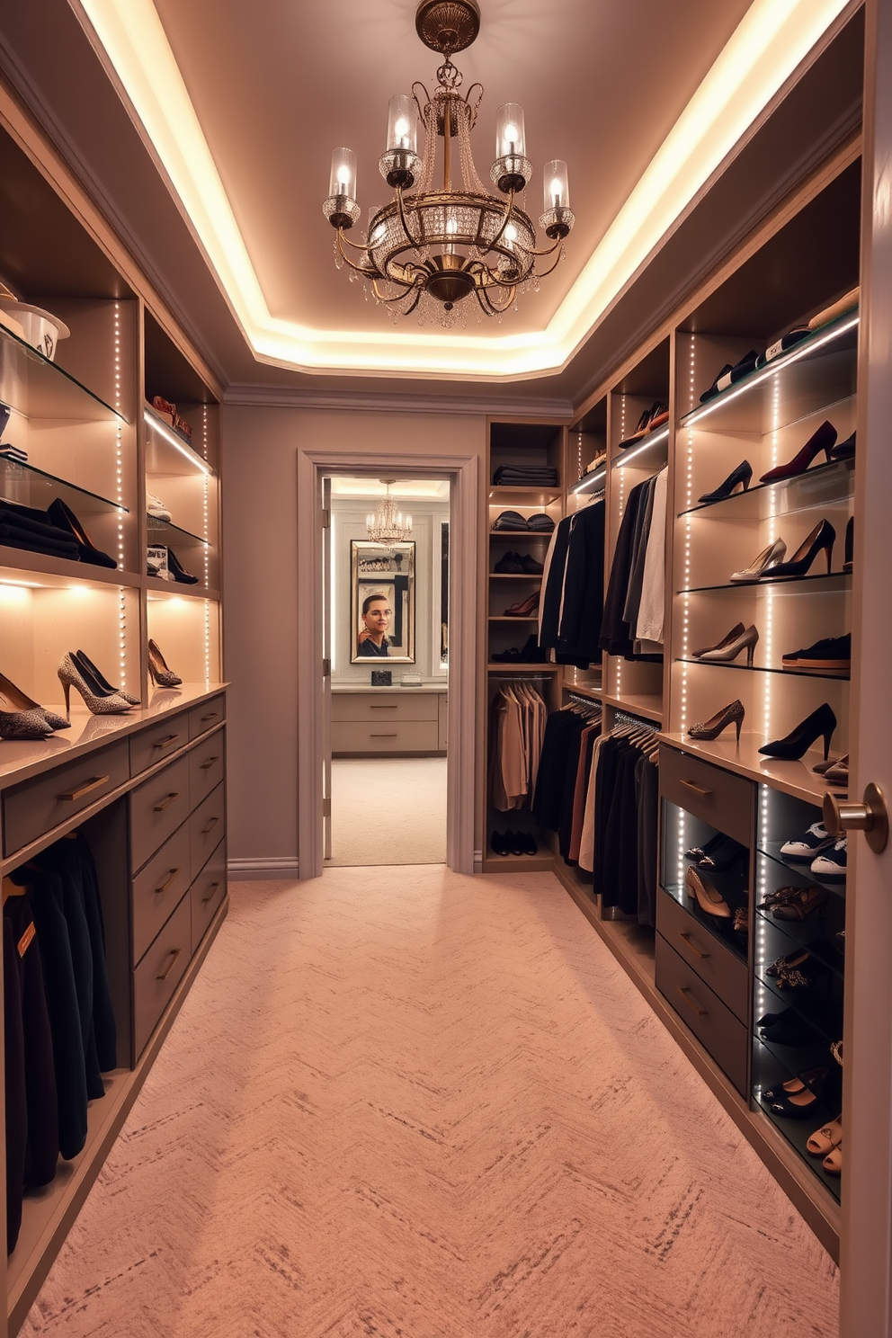 A luxurious women's walk-in closet featuring accent lighting that highlights key features such as elegant shelving and stylish shoe displays. The space is designed with soft neutral tones, plush carpeting, and a statement chandelier that adds a touch of glamour.