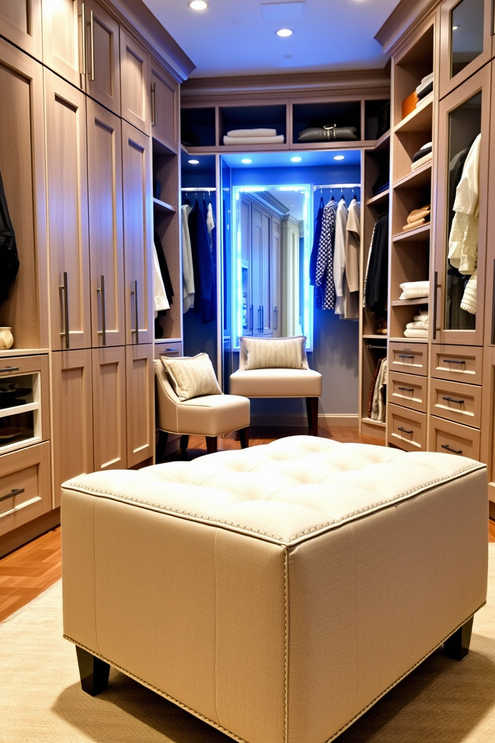 A women's walk-in closet featuring adjustable shelving for flexible storage solutions. The design includes elegant lighting, a plush area rug, and a full-length mirror, creating a luxurious and functional space.