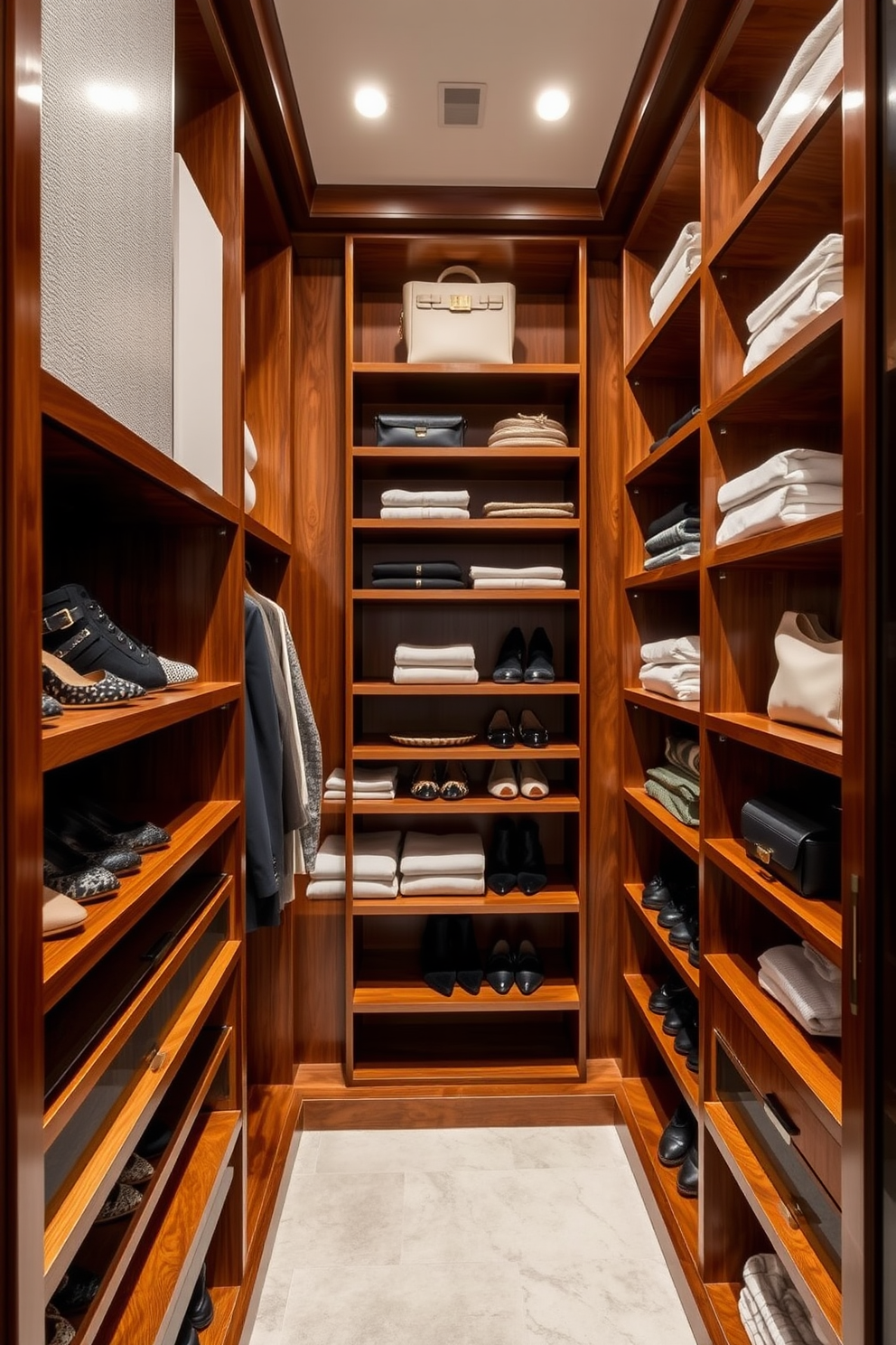 A luxurious women's walk-in closet featuring floor-to-ceiling shelving designed for maximum storage efficiency. The shelves are crafted from rich wood with a polished finish, providing ample space for shoes, bags, and folded garments.