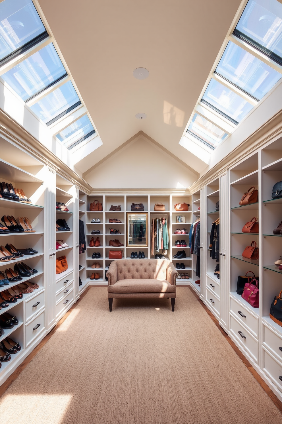 A spacious women's walk-in closet bathed in natural light streaming through large skylights. The design features elegant shelving units lined with neatly organized shoes and handbags, complemented by a plush seating area in the center.