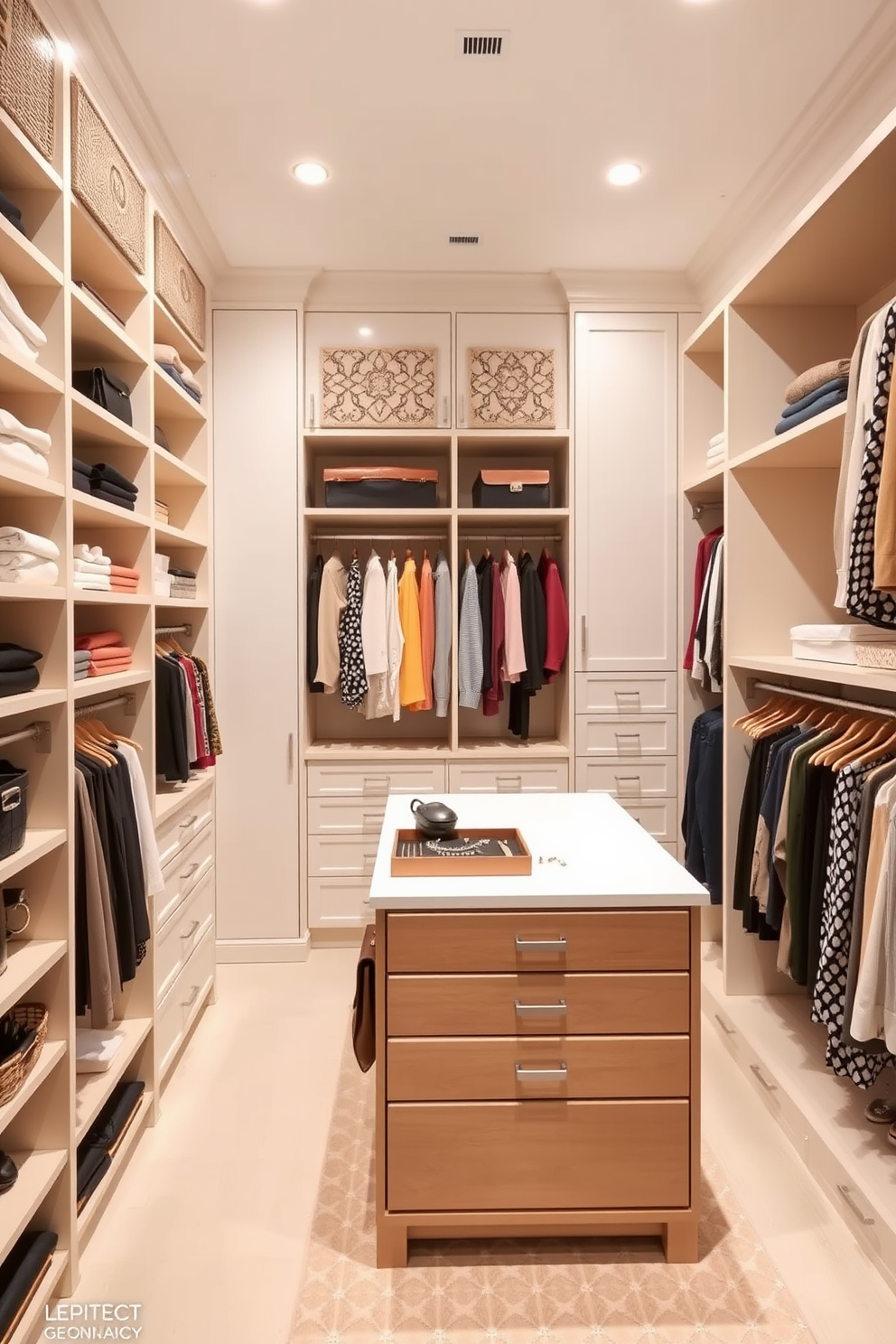 A spacious women's walk-in closet featuring a functional layout for easy navigation. The design includes custom shelving, ample hanging space, and a central island with drawers for accessories and jewelry.