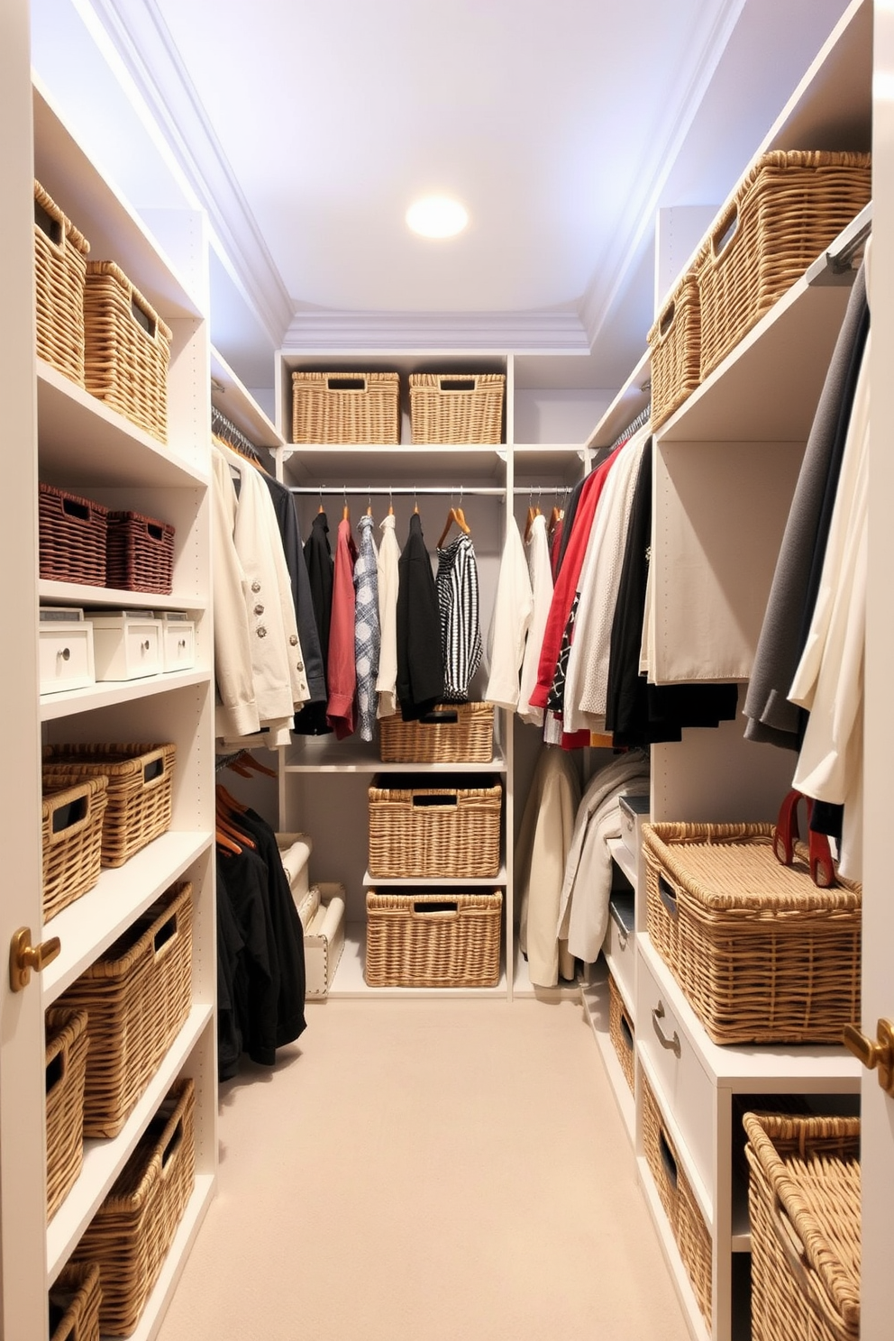 A stylish women's walk-in closet featuring decorative baskets for organized storage. The closet is designed with ample shelving and hanging space, complemented by soft lighting to enhance the elegant atmosphere.