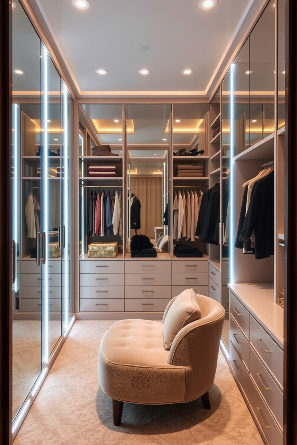 A luxurious women's walk-in closet featuring creative use of mirrors to reflect light and enhance the space. The closet is designed with elegant shelving, a plush seating area, and soft ambient lighting that creates a warm and inviting atmosphere.