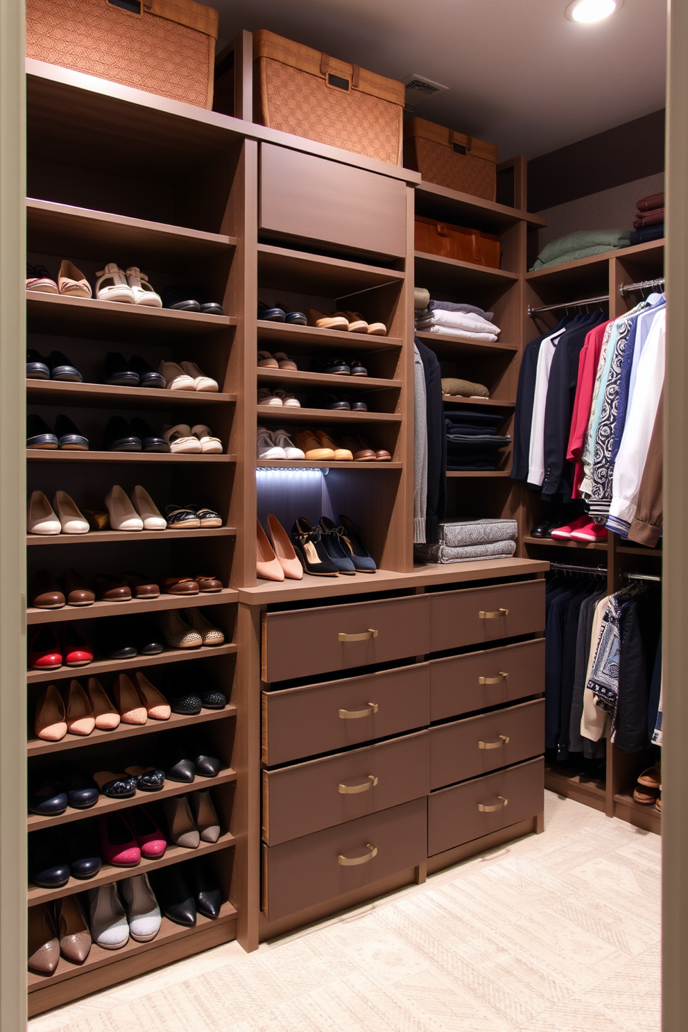 A stylish women's walk-in closet featuring a unique color scheme of soft blush pink and deep navy blue. The walls are adorned with elegant wallpaper while the shelving is crafted from sleek white wood, providing ample storage for clothes and accessories. A plush area rug in a geometric pattern adds warmth to the space. Illuminated by a stunning chandelier, the closet also includes a full-length mirror framed in gold, enhancing the luxurious feel of this personalized dressing area.