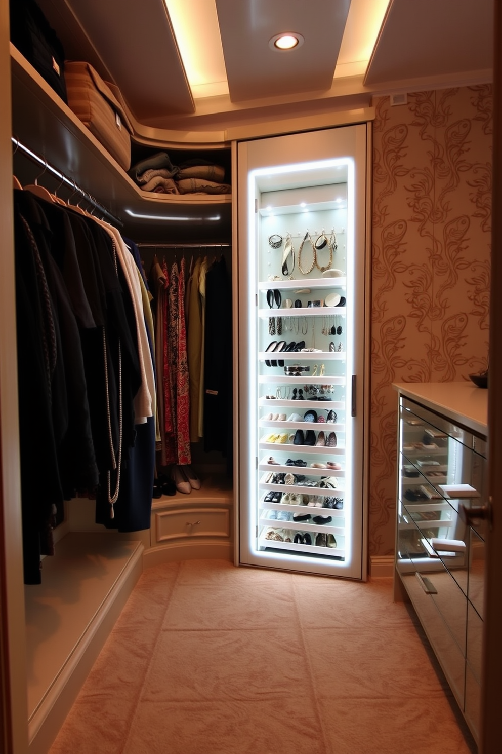 A luxurious women's walk-in closet features a built-in jewelry organizer illuminated by soft LED lighting. The walls are adorned with elegant wallpaper, while the floor is covered with plush carpeting for a cozy feel.