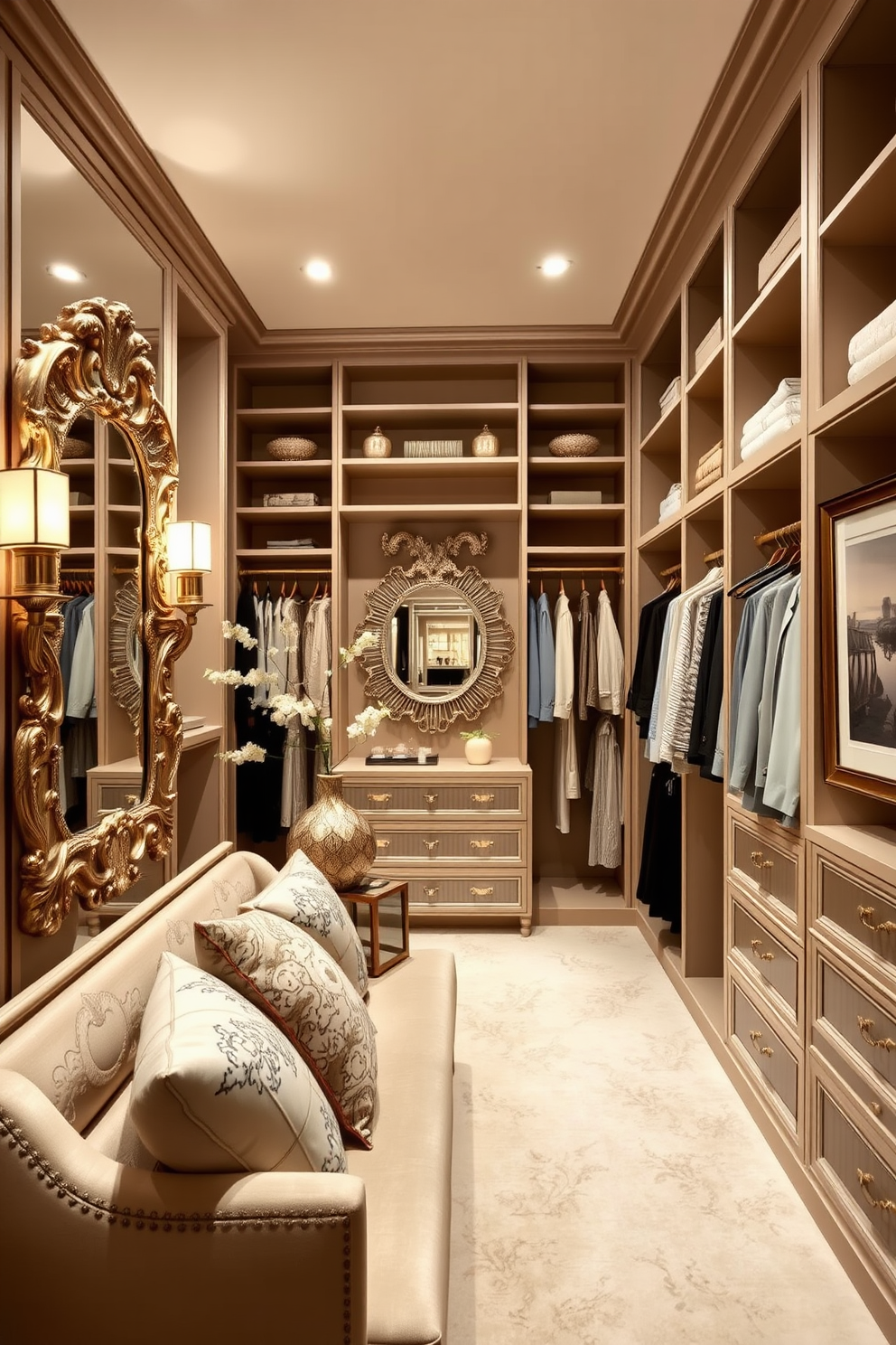 A luxurious women's walk-in closet featuring elegant shelving and hanging spaces. The design includes a plush seating area adorned with decorative pillows and a large, ornate mirror reflecting the stylish decor. Artful decor pieces such as sculptural vases and framed artwork enhance the aesthetics of the space. Soft lighting fixtures create an inviting ambiance, highlighting the exquisite details of the closet design.