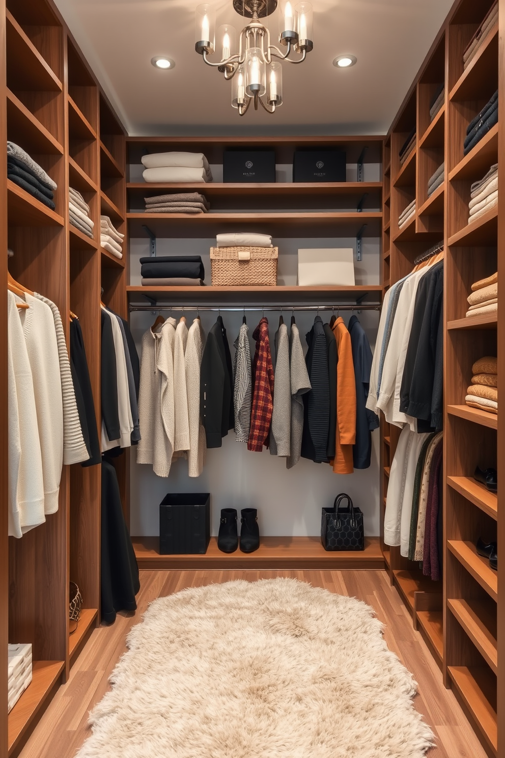 A stylish women's walk-in closet features open shelving that allows for easy access to clothing and accessories. The space is organized with neatly folded sweaters and hanging garments, complemented by a plush area rug and elegant lighting fixtures.