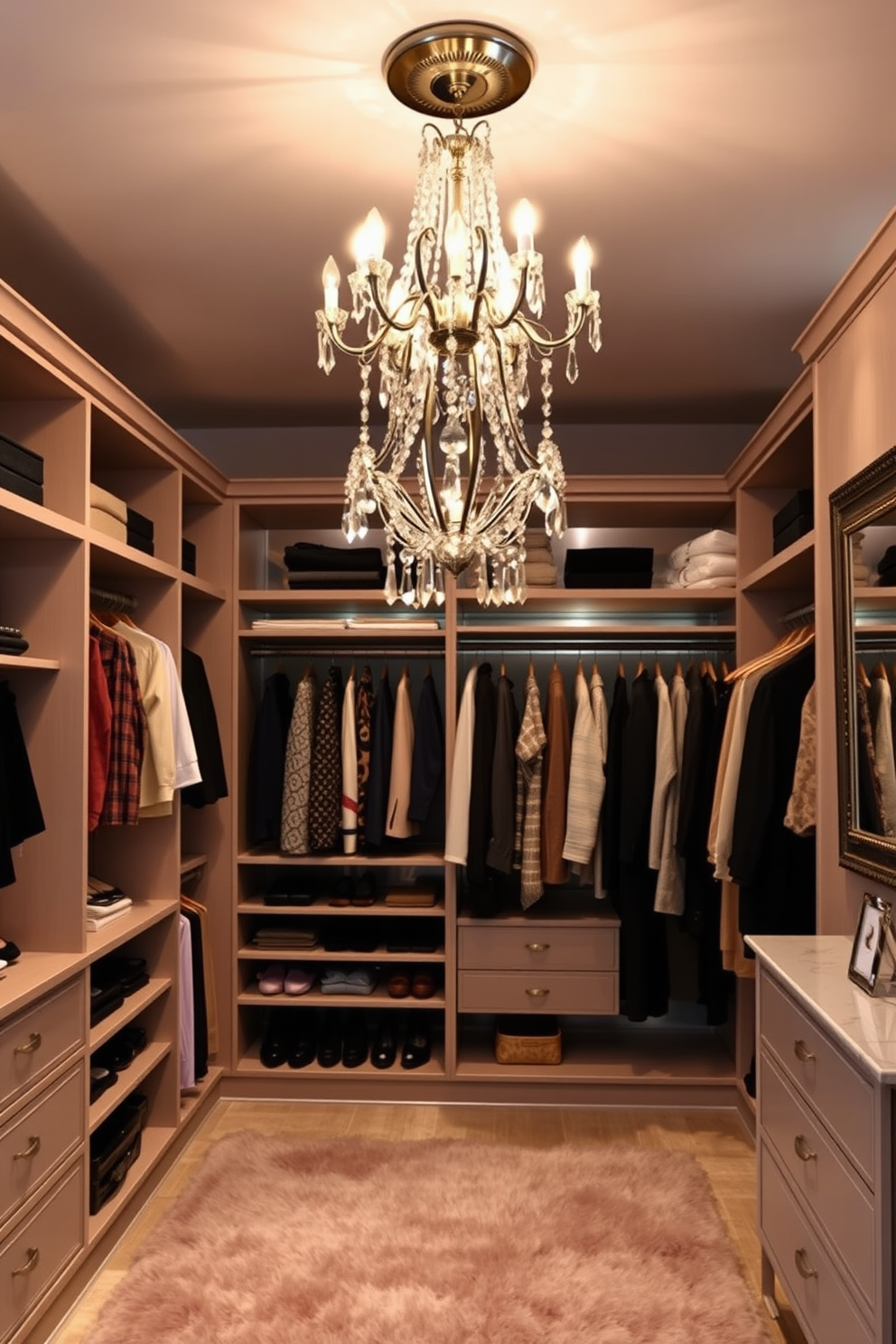 An elegant chandelier hangs gracefully from the ceiling, casting a warm glow over the room. Its intricate design features crystal accents that sparkle and reflect light, enhancing the stylish ambiance. The women's walk-in closet is designed with spacious shelving and elegant hanging racks, showcasing a curated collection of clothing and accessories. Soft lighting illuminates the space, while a plush area rug adds comfort underfoot.