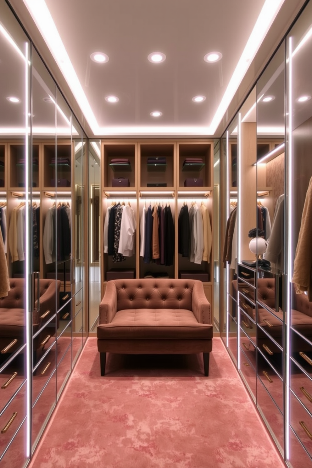 A luxurious women's walk-in closet features mirrored walls that create an illusion of spaciousness and reflect the elegant lighting. The design includes custom shelving and hanging space for clothing, with a plush seating area in the center for comfort and convenience.