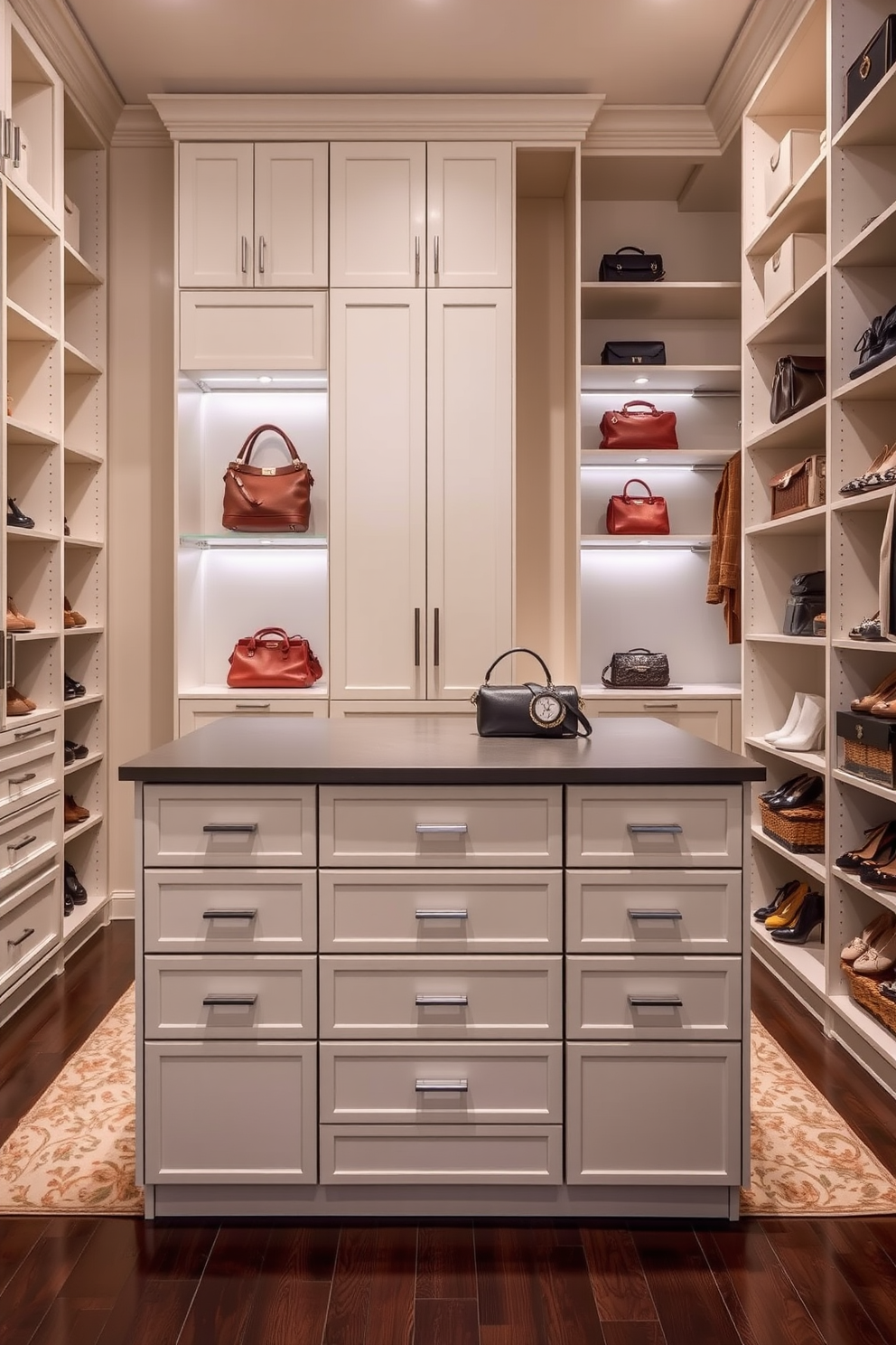 A stylish women's walk-in closet featuring an island with multiple drawers for accessory storage. The island is topped with a sleek surface and surrounded by custom shelving units that display shoes and handbags elegantly.