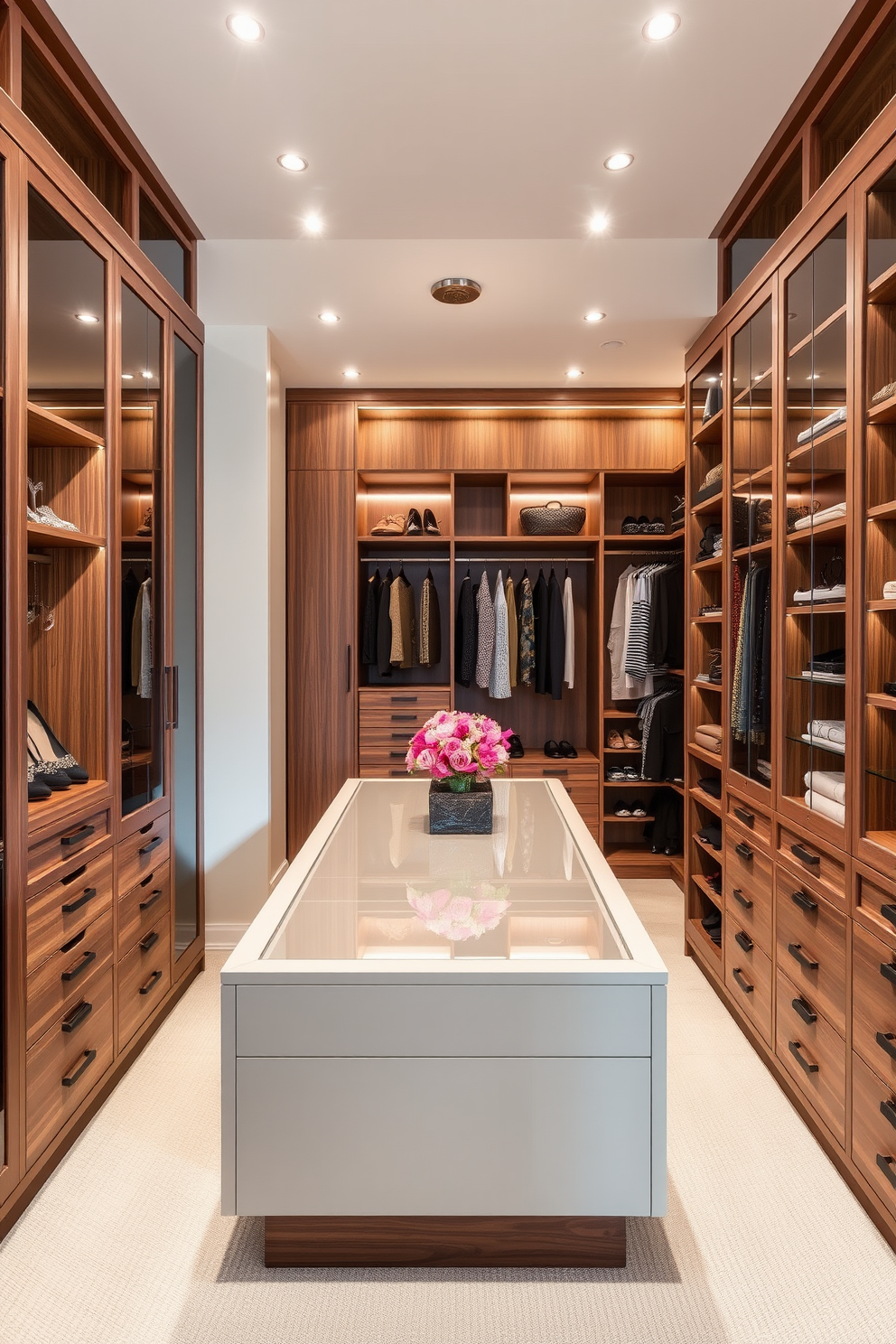 Custom cabinetry for personalized storage solutions featuring elegant wood finishes and soft-close drawers. The design includes built-in shelves for shoes and accessories, maximizing space while maintaining a luxurious aesthetic. Women's walk-in-closet design ideas showcasing a spacious layout with ample natural light. The closet features a central island for jewelry and accessories, surrounded by organized hanging sections for clothing and stylish lighting fixtures.