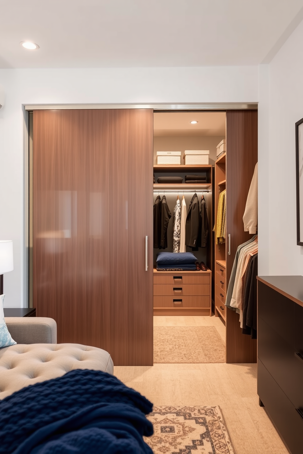 A sleek women's walk-in closet featuring modern sliding doors that seamlessly blend with the surrounding decor. Inside, ample shelving and hanging space are organized to create an efficient yet stylish storage solution.