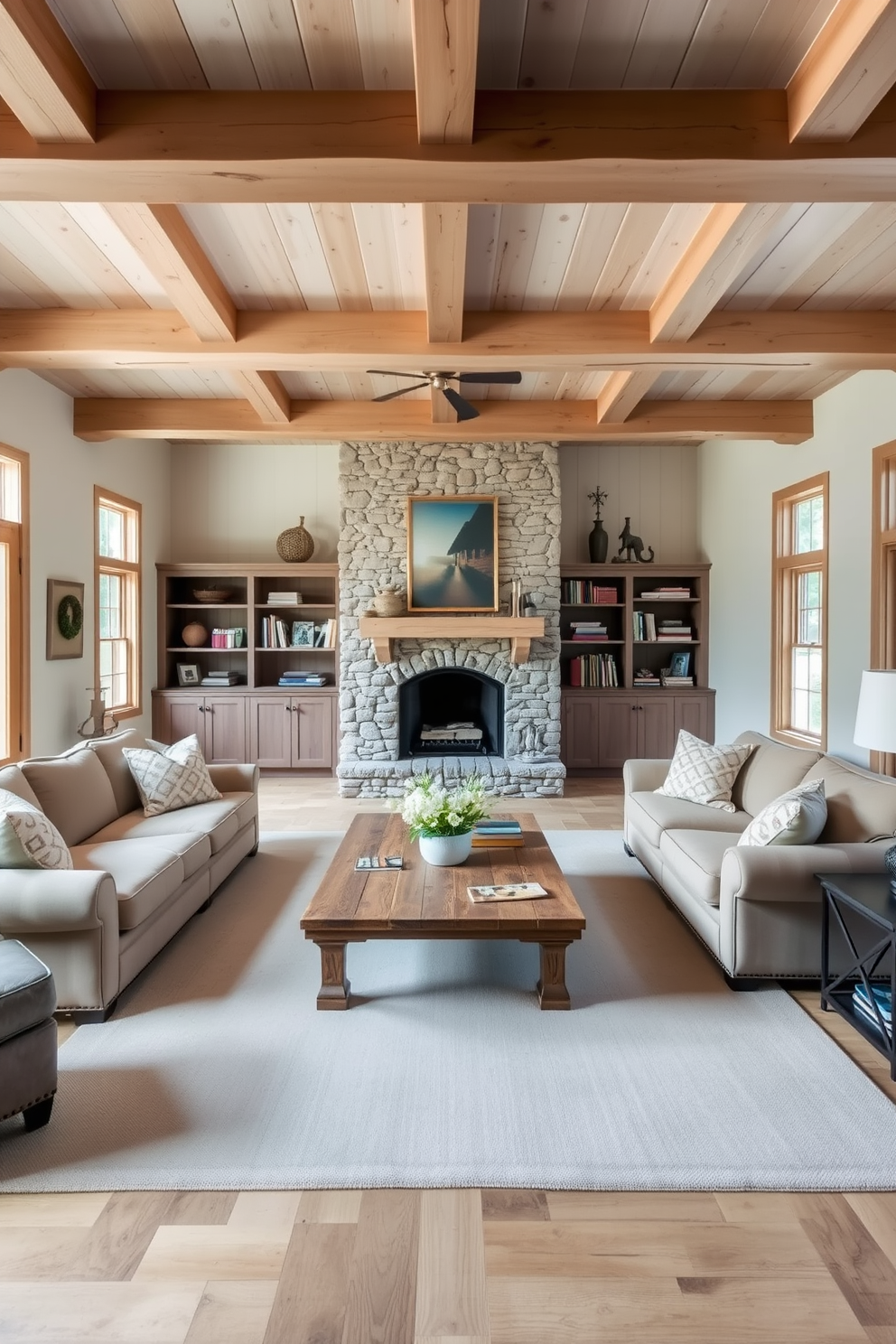 A cozy living room featuring natural wood beams that accentuate the ceiling. The space is filled with comfortable furniture, including a large sectional sofa and a rustic coffee table made from reclaimed wood.