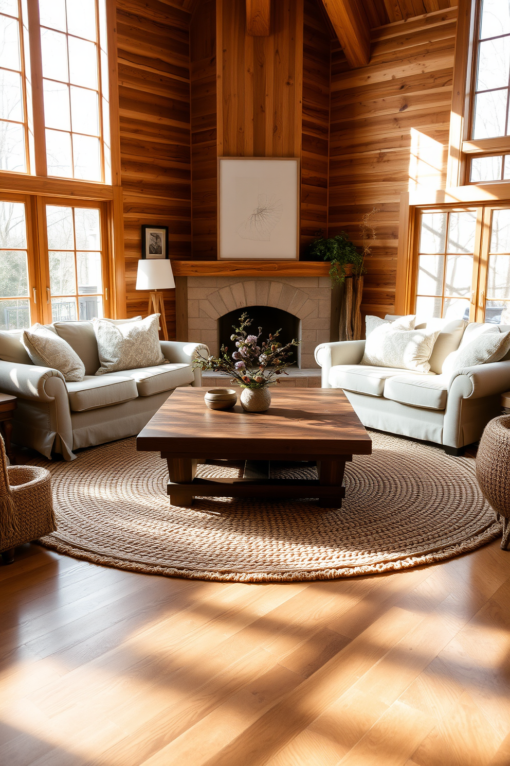 A cozy living room featuring natural wood textures complemented by soft fabrics. The space includes a large wooden coffee table surrounded by plush sofas adorned with light-colored cushions. Warm sunlight filters through large windows, casting gentle shadows on the hardwood floor. A woven area rug anchors the seating area, adding warmth and texture to the room.